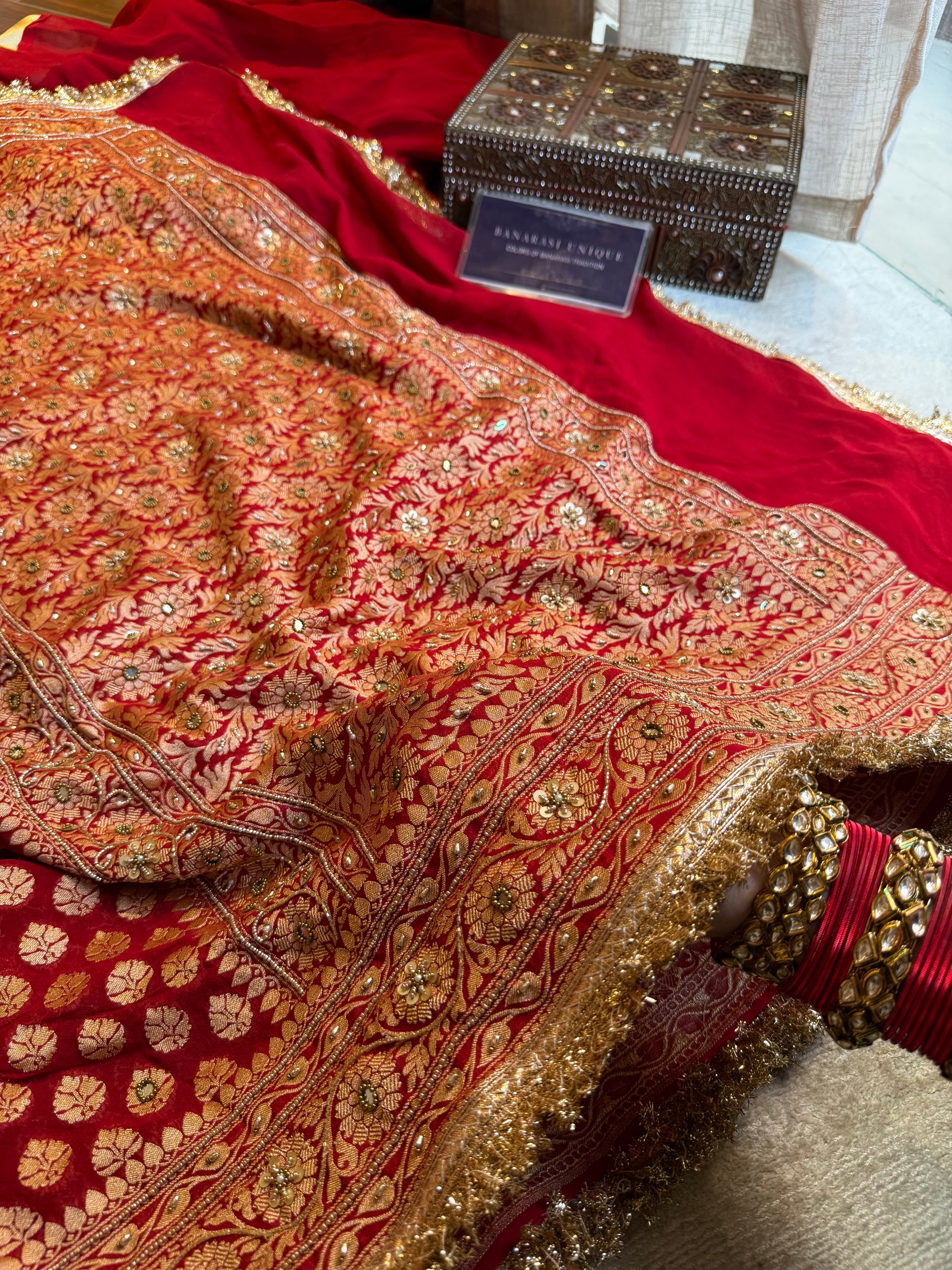 Red Banarasi Khaddi Georgette Saree with Dabka Kutdana Hand Embroidery & Gold Zari | Pure Handwoven Luxury Saree