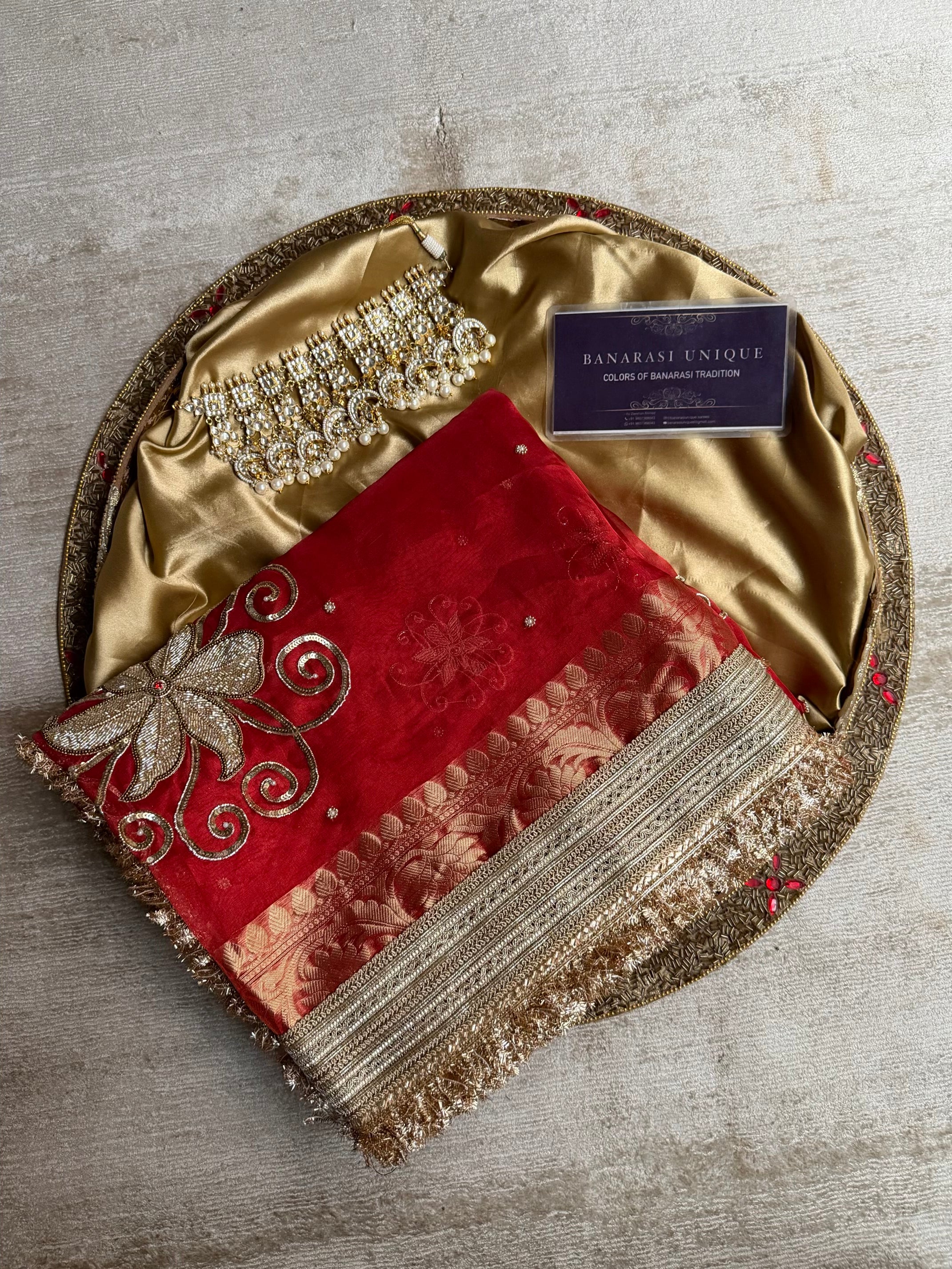 Teej Special Pure Tissue Silk Banarasi Saree – Red Hand Embroidered Luxury Saree