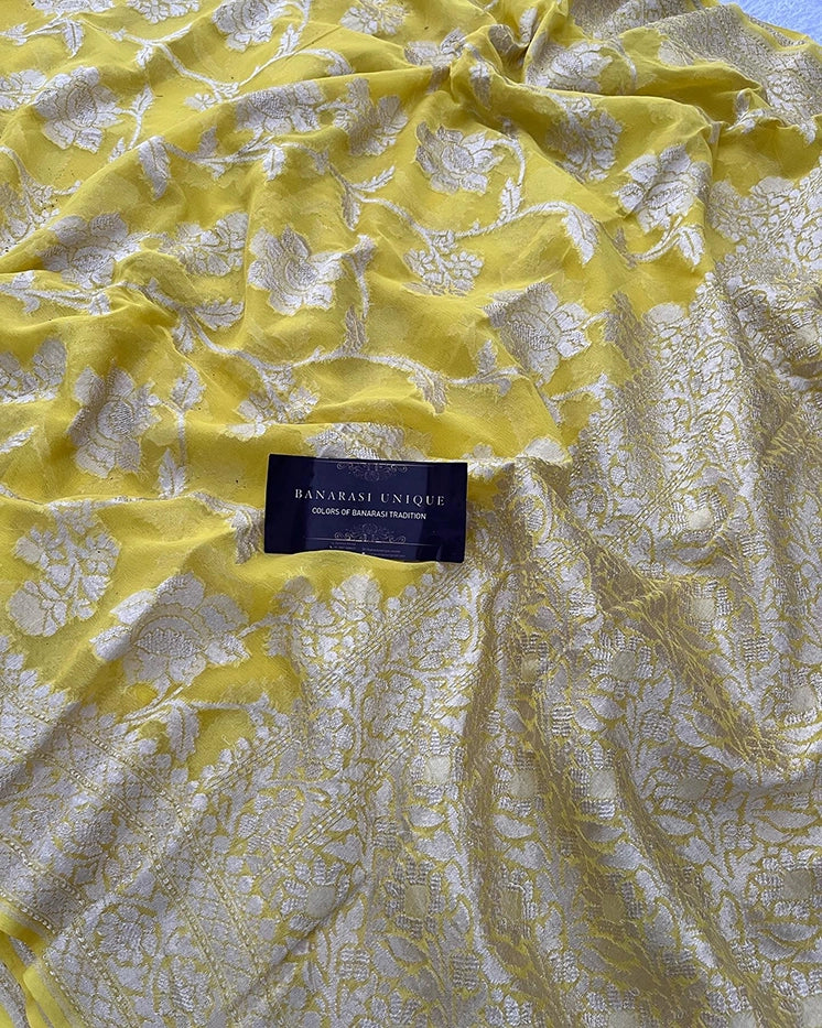 KHADDI GEORGETTE BIG FLORAL JAAL WATER ZARI SAREE - YELLOW