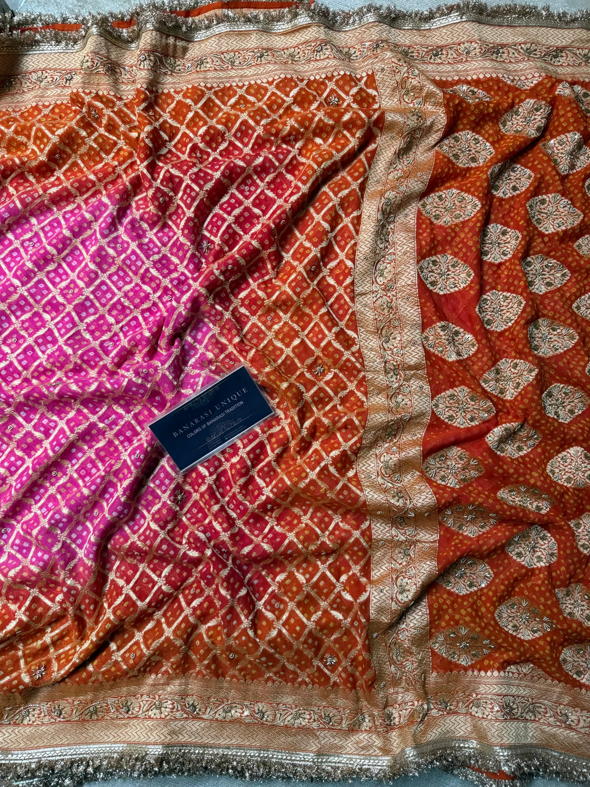 Pure Banarasi Khaddi Georgette Handmade Rai Dana Bandhej Saree in Dual Shade Orange & Pink with Zardozi Hand Embroidery