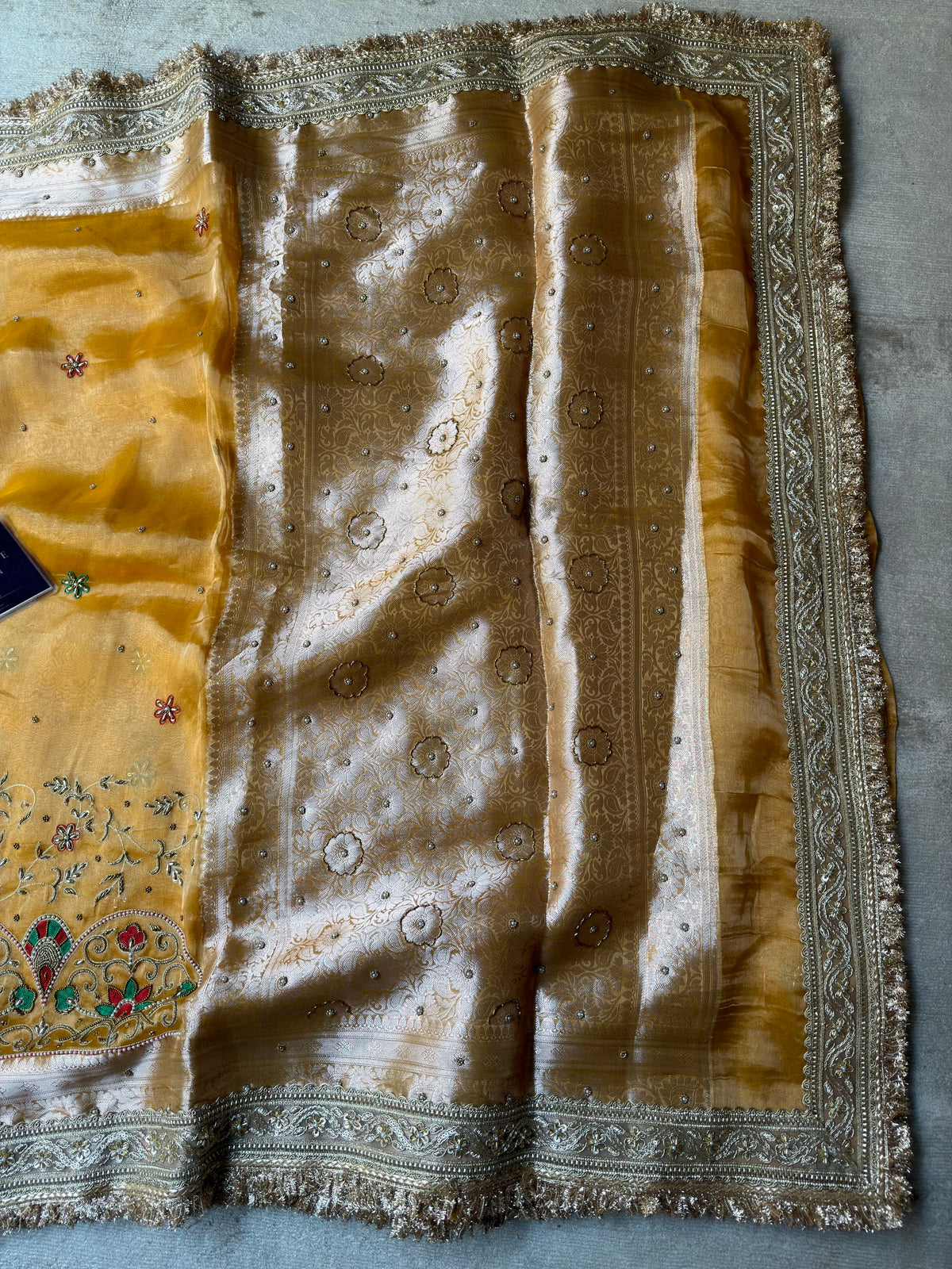 Mustard Pure Tissue Silk Meenakari Hand Embroidered Banarasi Festive Saree