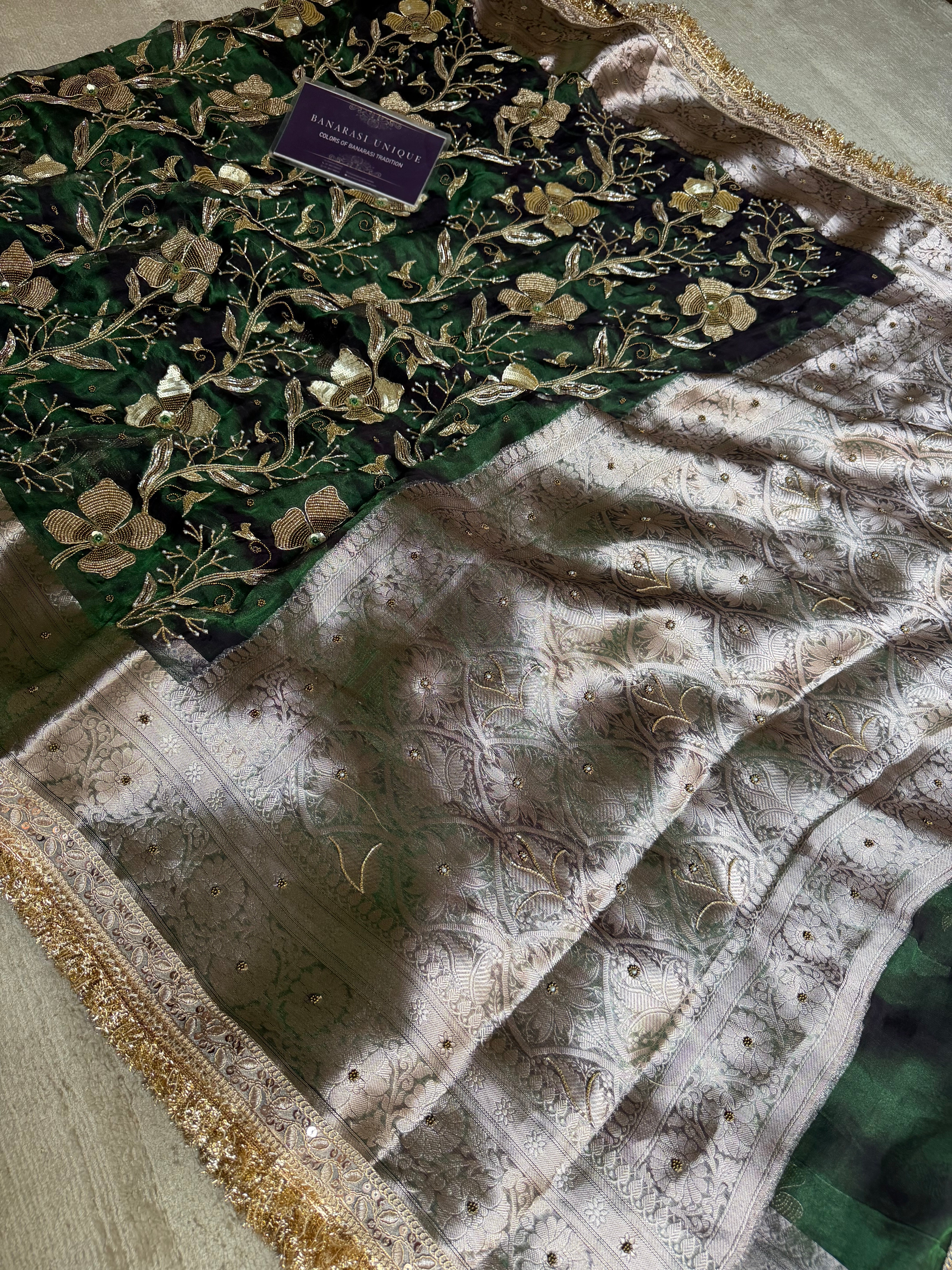 Emerald Blossom – Hand Embroidered Pure Tissue Silk Banarasi Saree