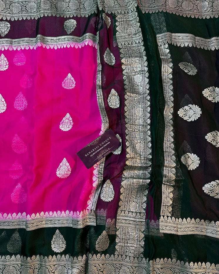 KHADDI CHIFFON DOUBLE BORDER SAREE - BOTTLE GREEN WITH RANI