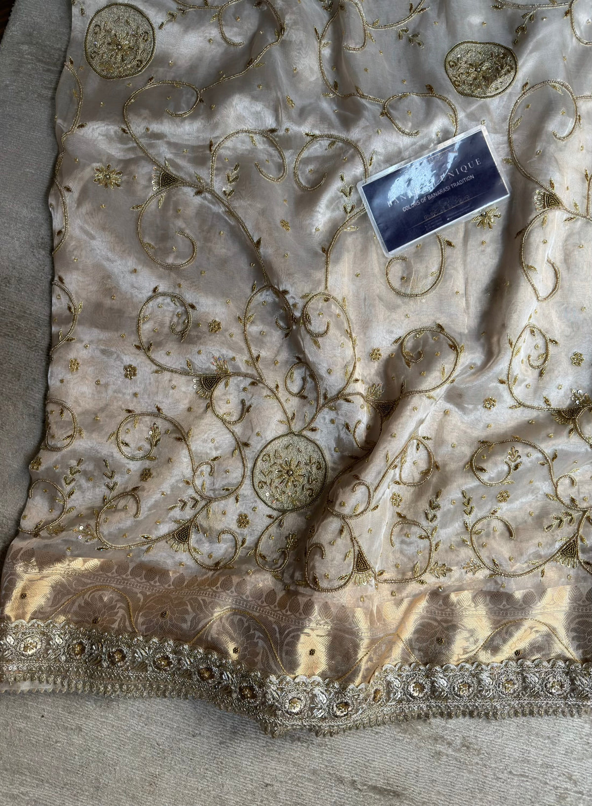 GUL-E-CHAAND | Ivory Pure Tissue Silk Saree | Hand Zardozi Kutdana Work