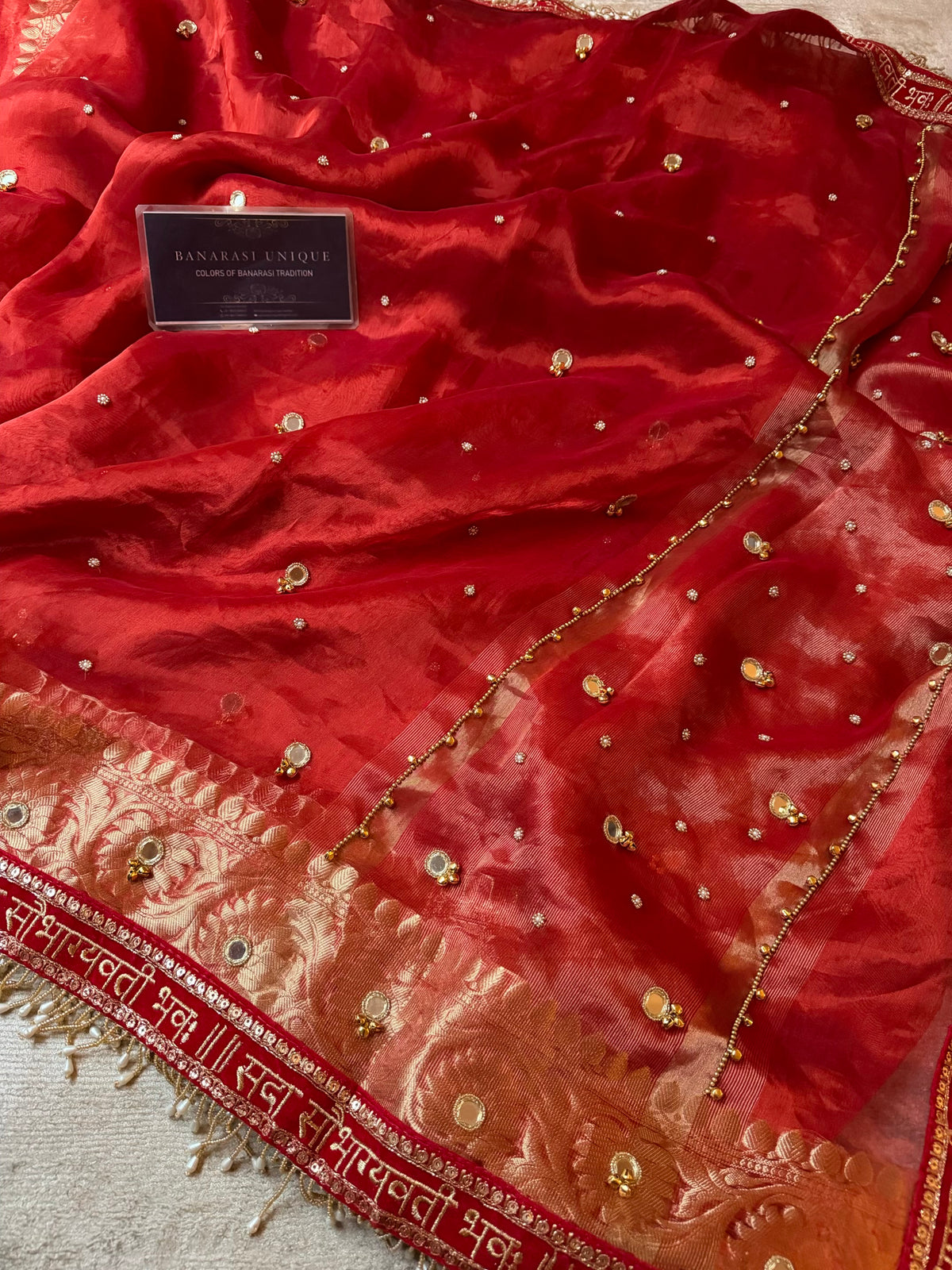 Pure Tissue Silk Ghungru X Mirror Work Karwa Chauth Special Saree