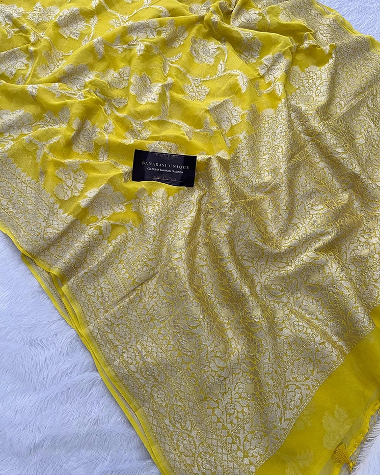 KHADDI GEORGETTE BIG FLORAL JAAL WATER ZARI SAREE - YELLOW