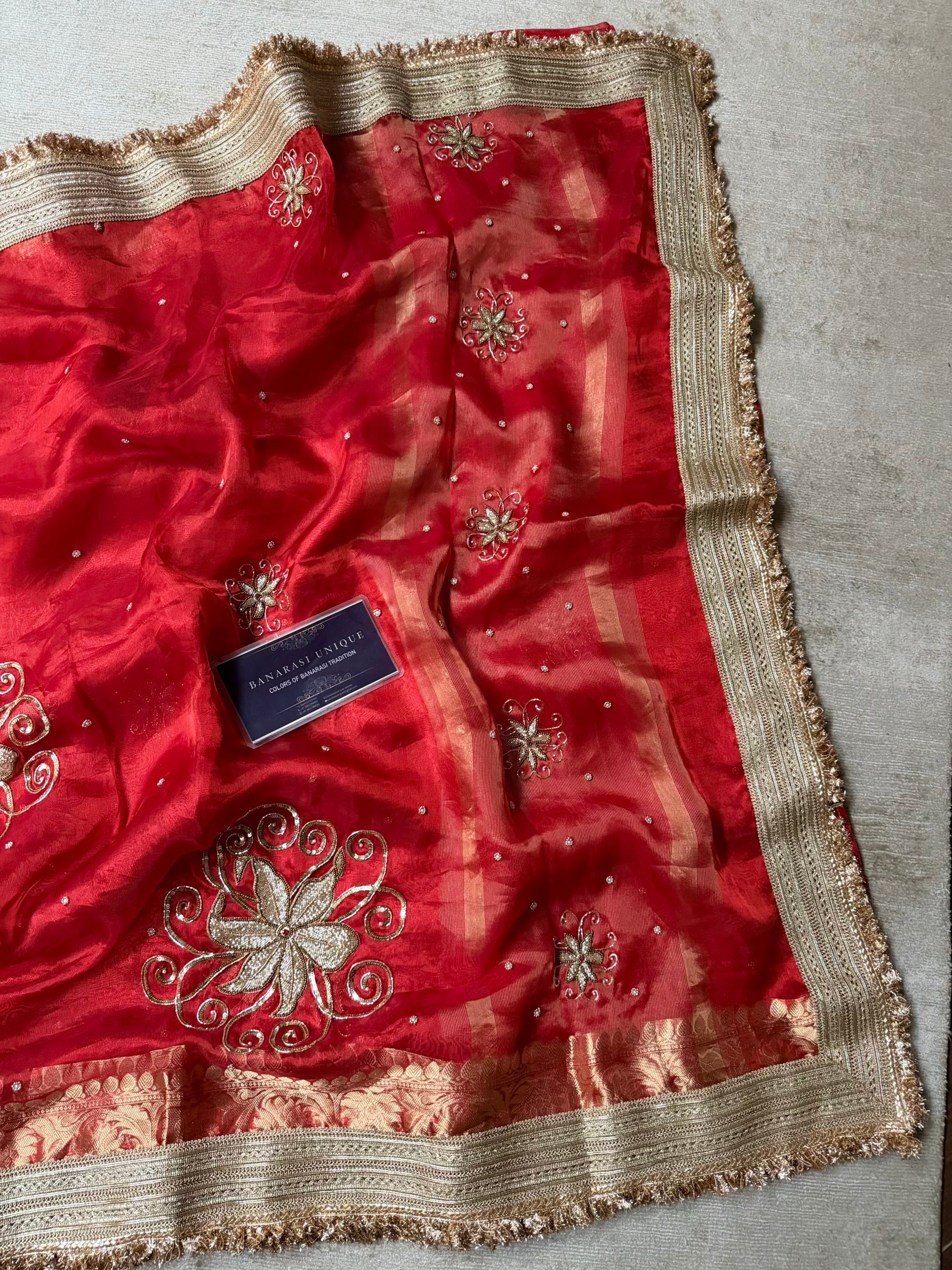 Teej Special Pure Tissue Silk Banarasi Saree – Red Hand Embroidered Luxury Saree