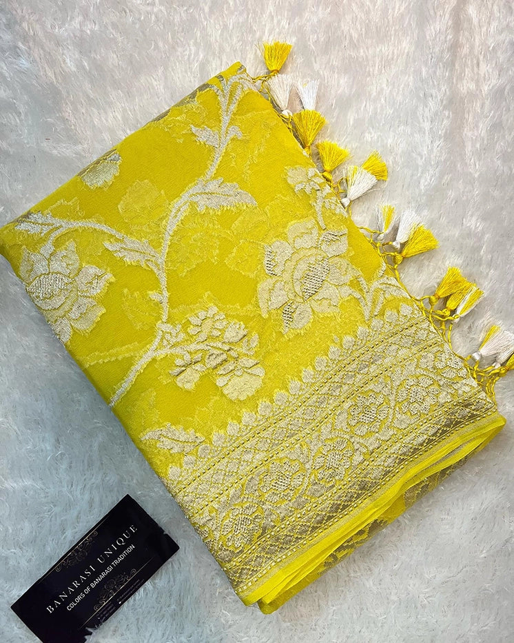 KHADDI GEORGETTE BIG FLORAL JAAL WATER ZARI SAREE - YELLOW