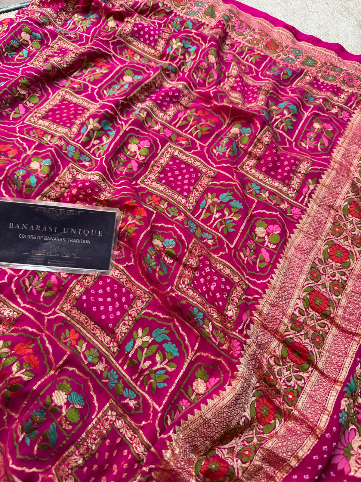 Rani Pink Pure Khaddi Georgette Banarasi Bandhej Saree | Meenakari Meharab Design | Handwoven Luxury Silk Saree