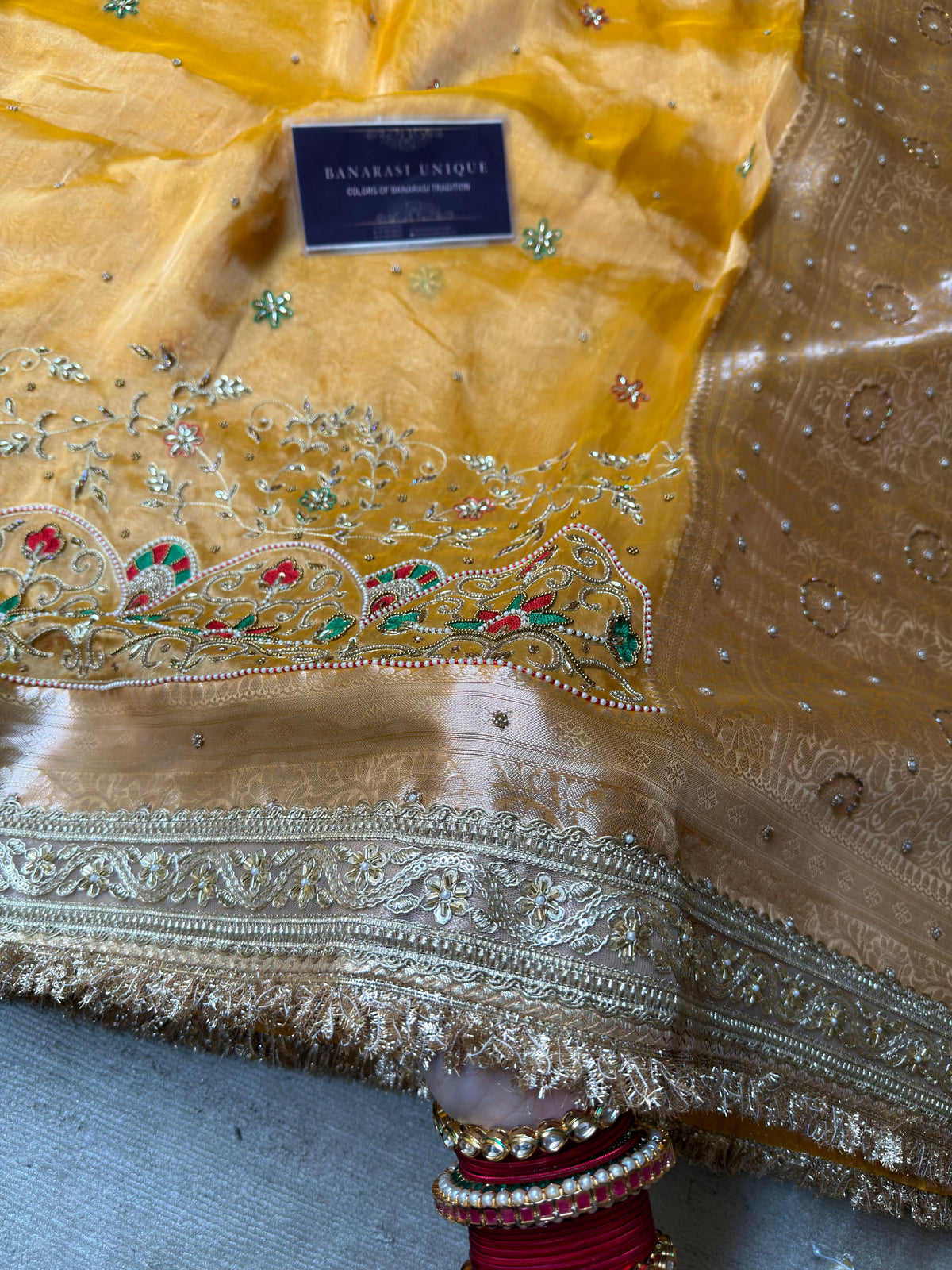 Mustard Pure Tissue Silk Meenakari Hand Embroidered Banarasi Festive Saree
