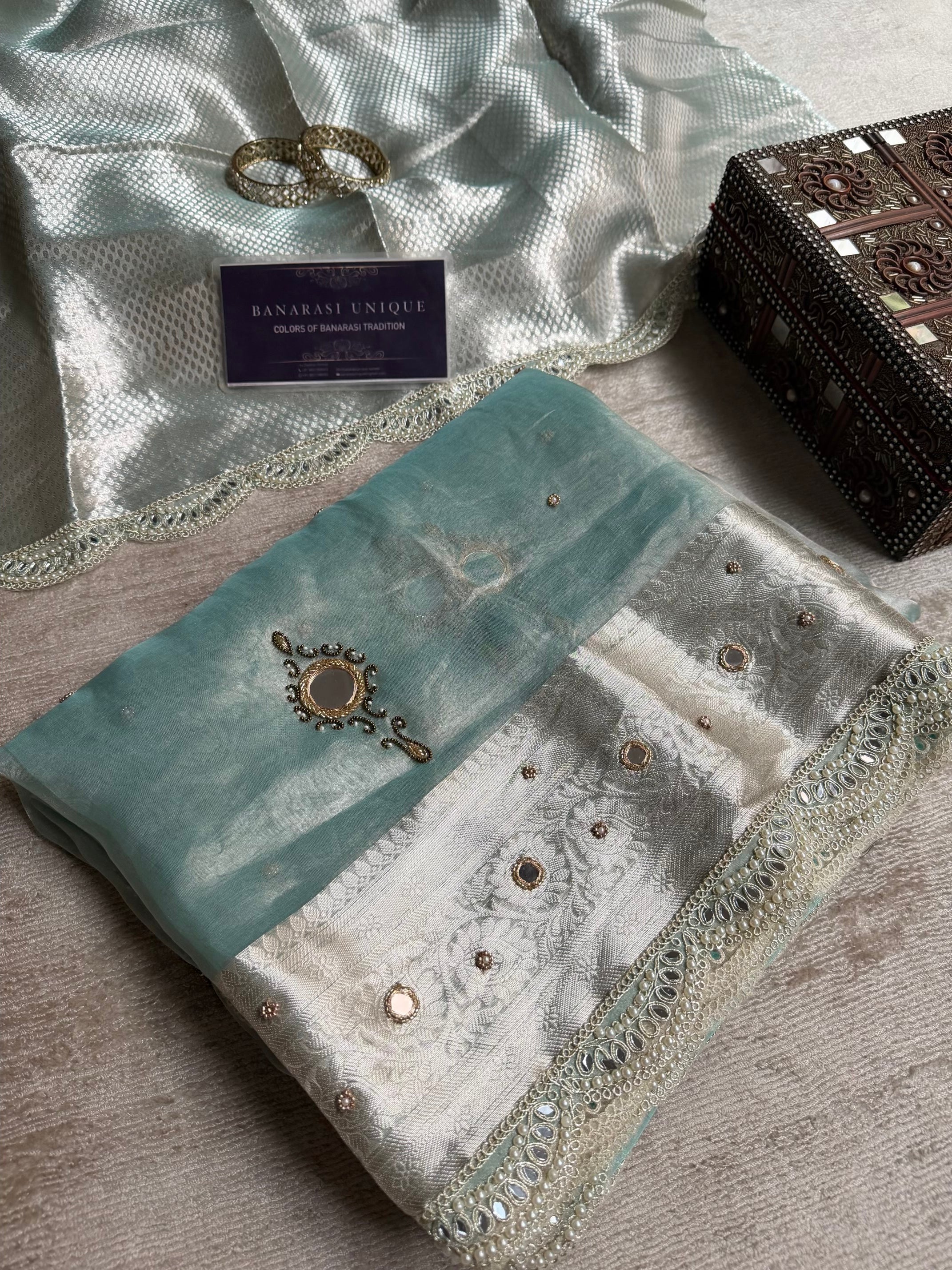 Aaina-e-Noor – Pure Tissue Silk Saree | Vintage Mirror Work | Luxury Handcrafted Banarasi Saree AQUA BLUE