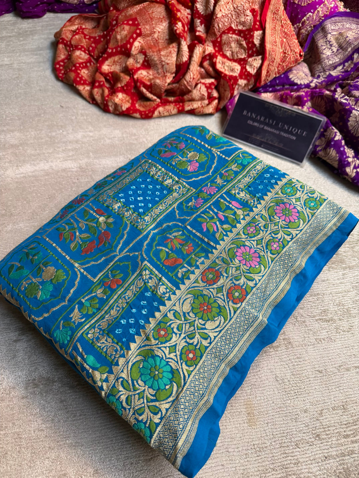 Rama Pure Khaddi Georgette Banarasi Bandhej Saree | Meenakari Meharab Design | Handwoven Luxury Silk Saree