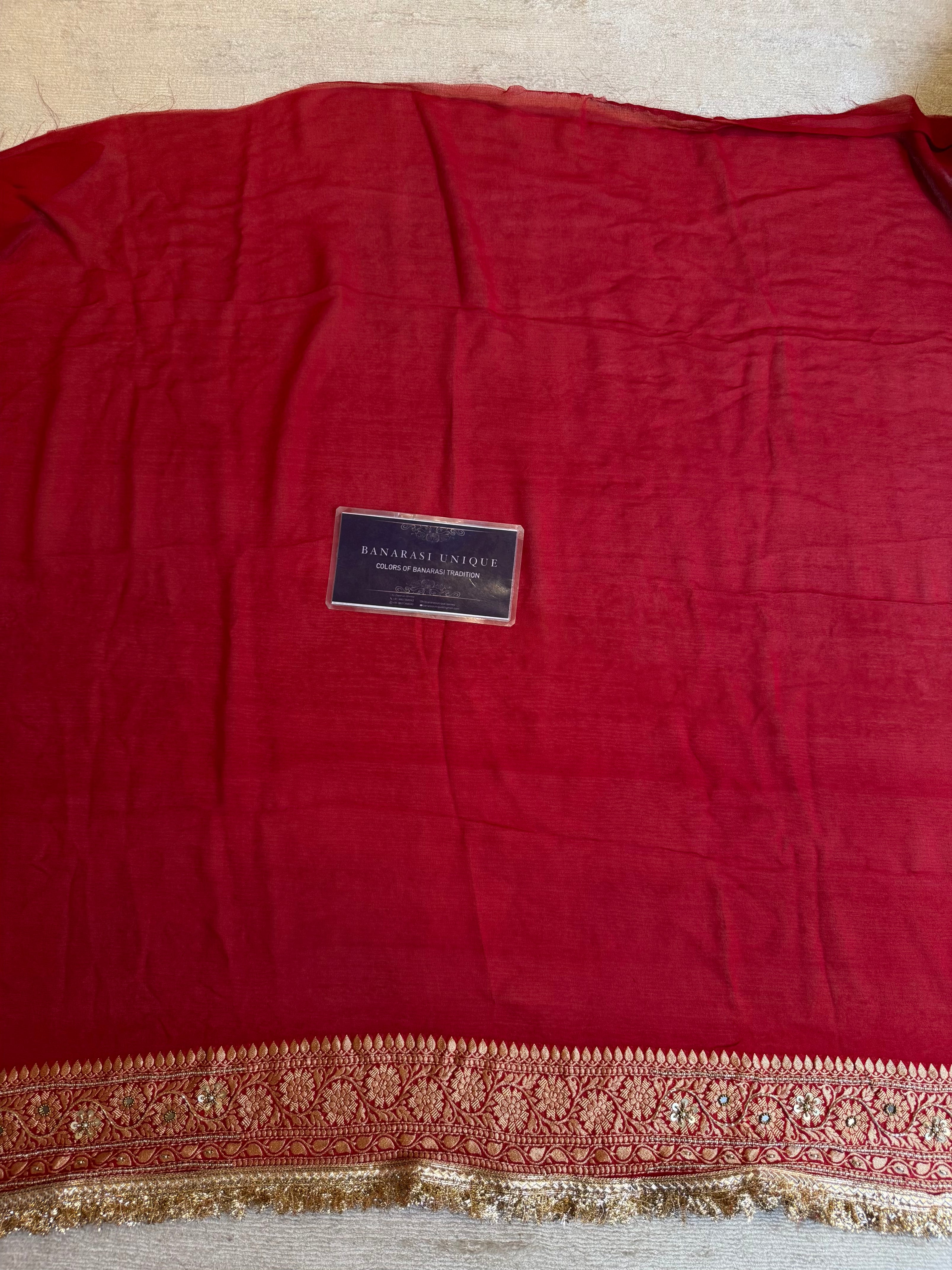 Red Banarasi Khaddi Georgette Saree with Dabka Kutdana Hand Embroidery & Gold Zari | Pure Handwoven Luxury Saree