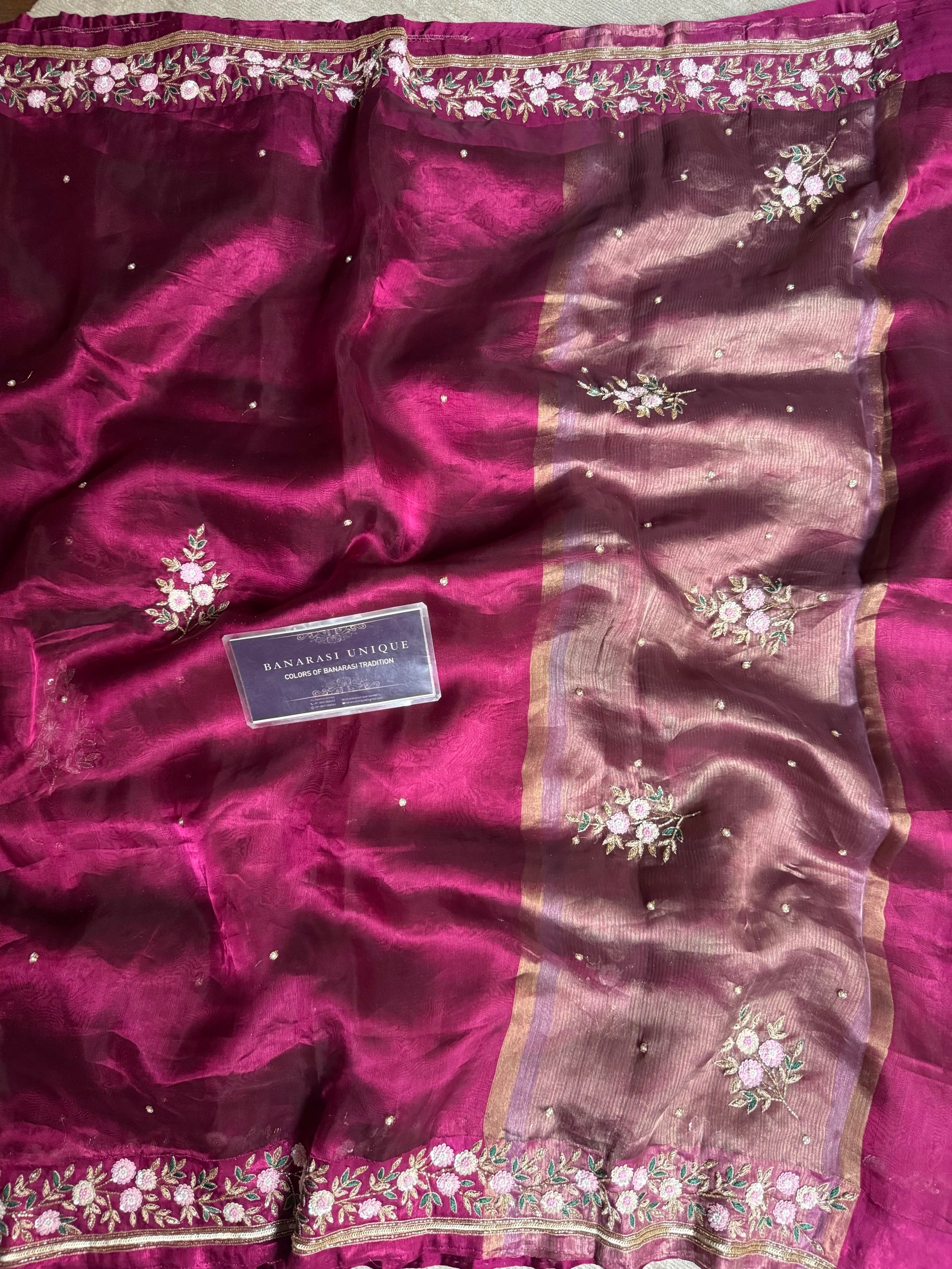 Pure Tissue Silk Satin Border Banarasi Saree Zardozi Hand Embroidery – Majenta