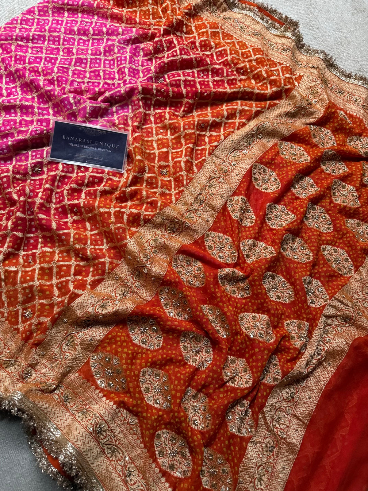 Pure Banarasi Khaddi Georgette Handmade Rai Dana Bandhej Saree in Dual Shade Orange & Pink with Zardozi Hand Embroidery