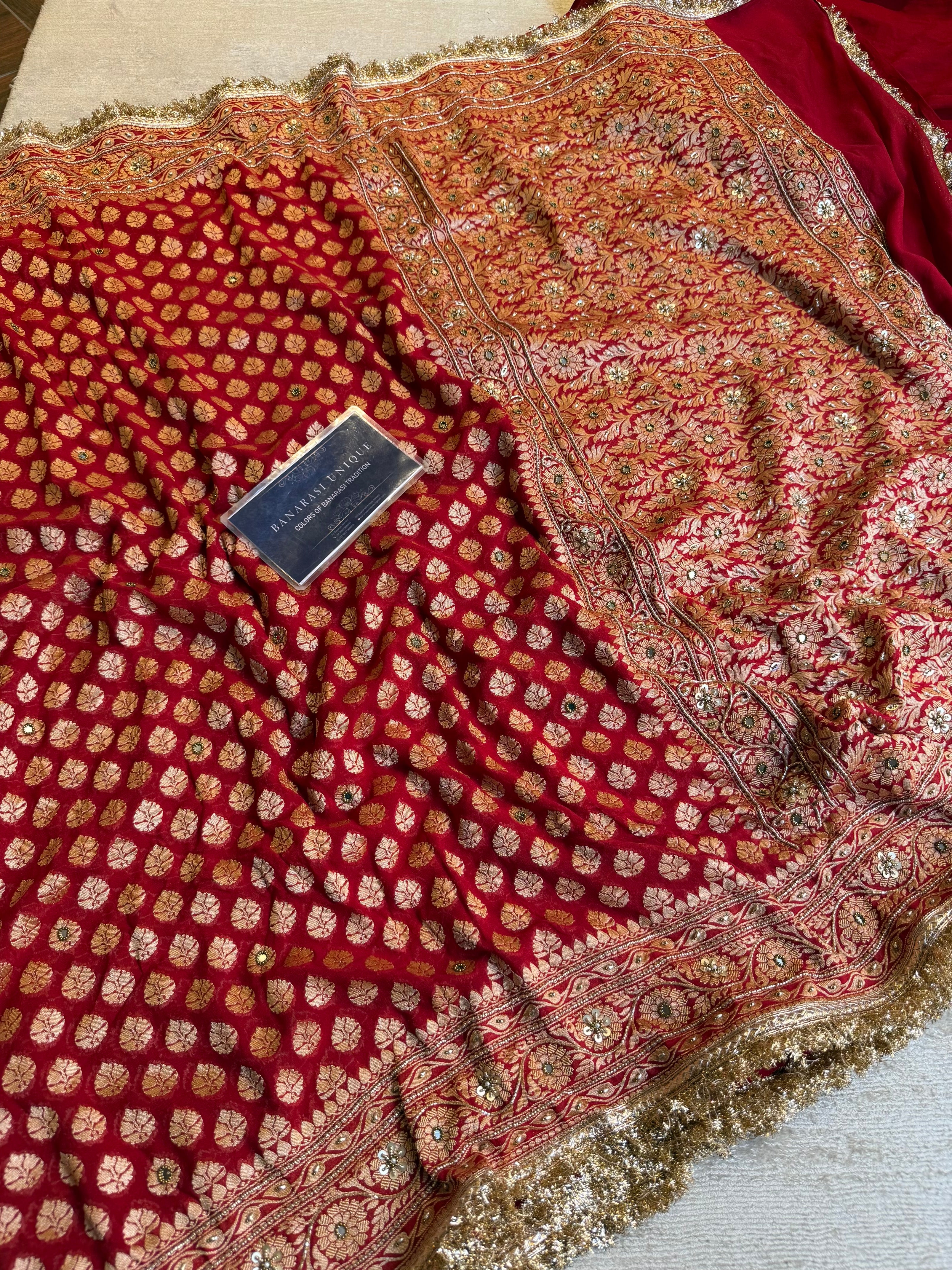 Red Banarasi Khaddi Georgette Saree with Dabka Kutdana Hand Embroidery & Gold Zari | Pure Handwoven Luxury Saree