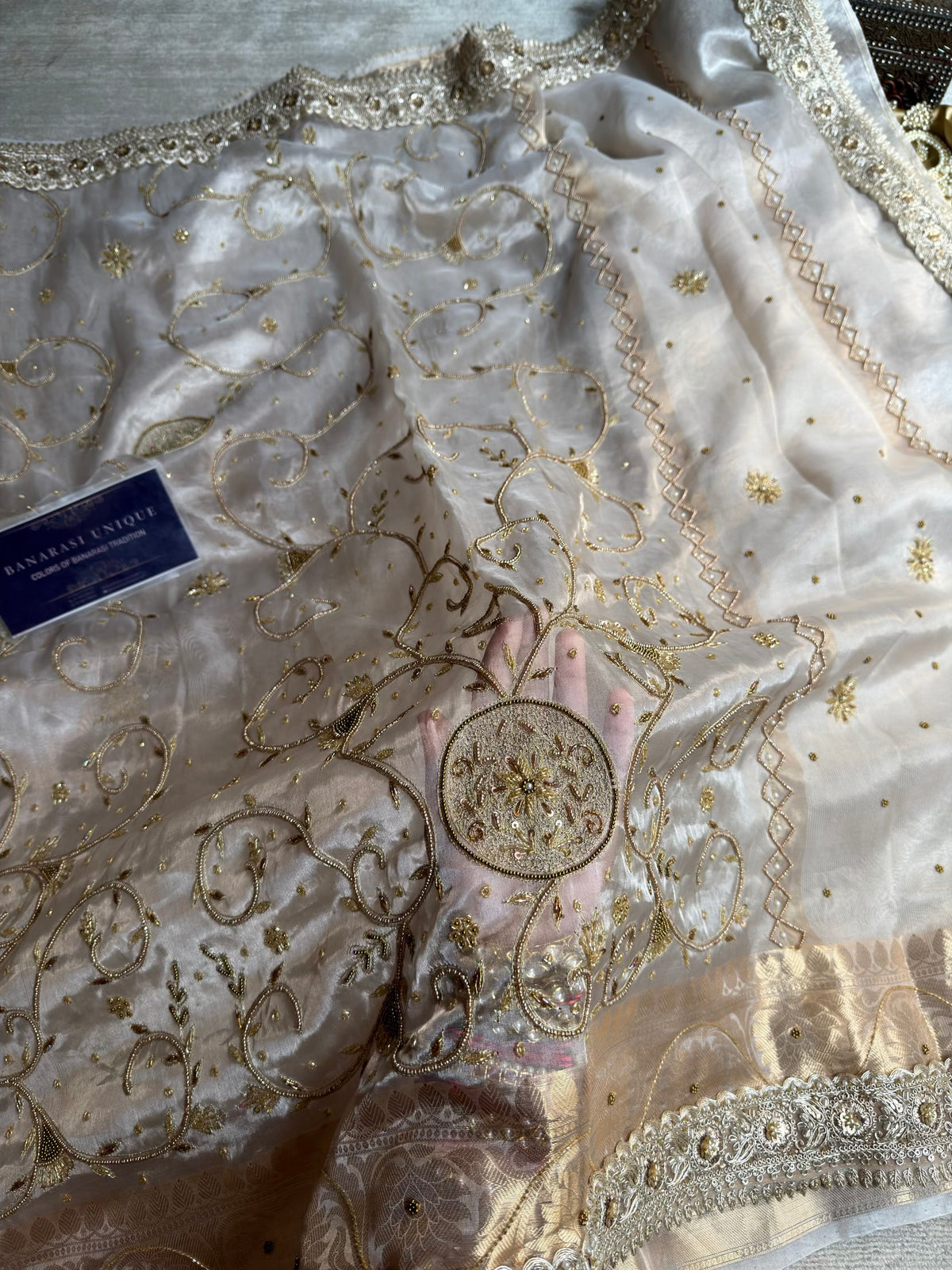 GUL-E-CHAAND | Ivory Pure Tissue Silk Saree | Hand Zardozi Kutdana Work