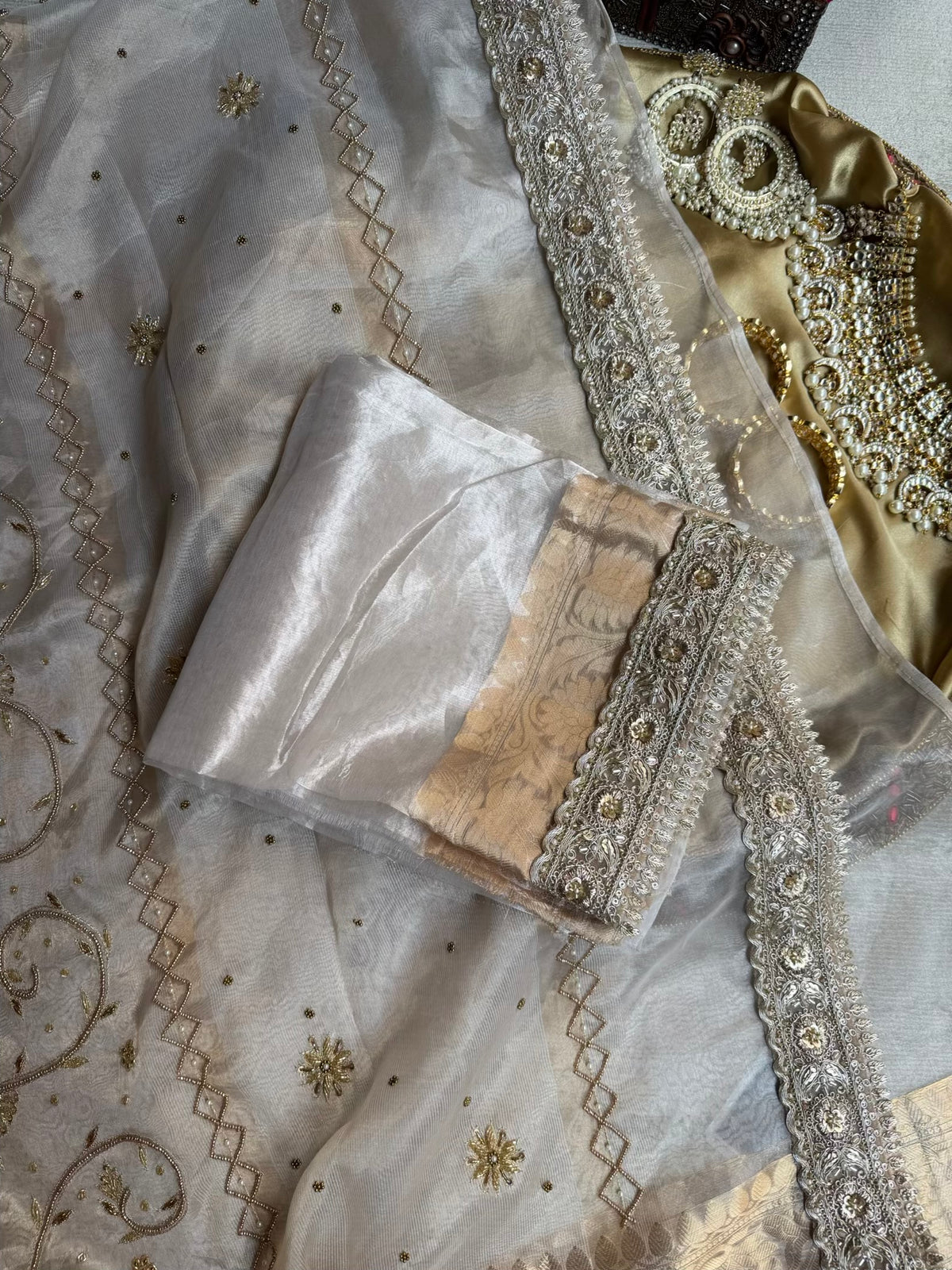 GUL-E-CHAAND | Ivory Pure Tissue Silk Saree | Hand Zardozi Kutdana Work