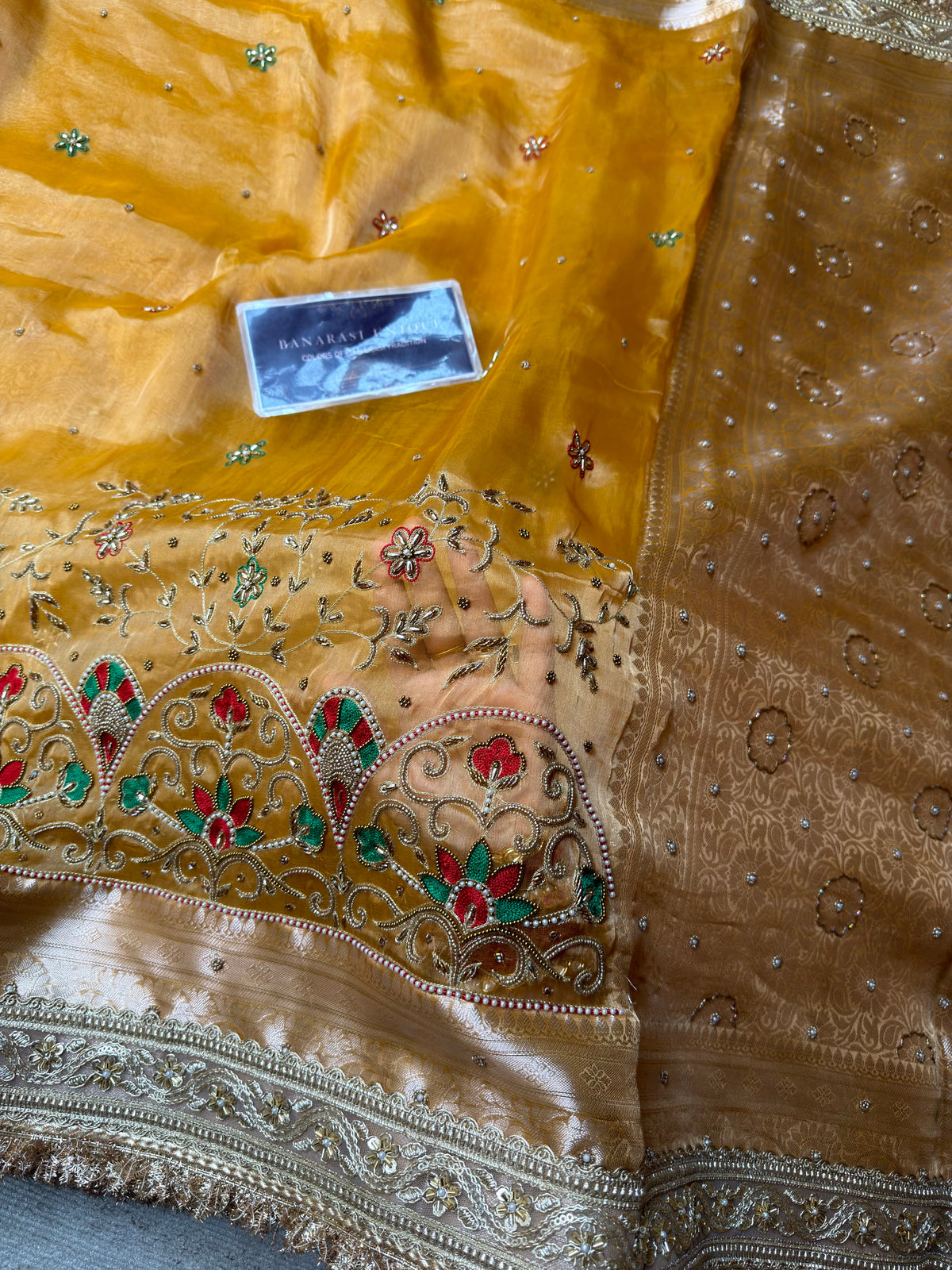 Mustard Pure Tissue Silk Meenakari Hand Embroidered Banarasi Festive Saree