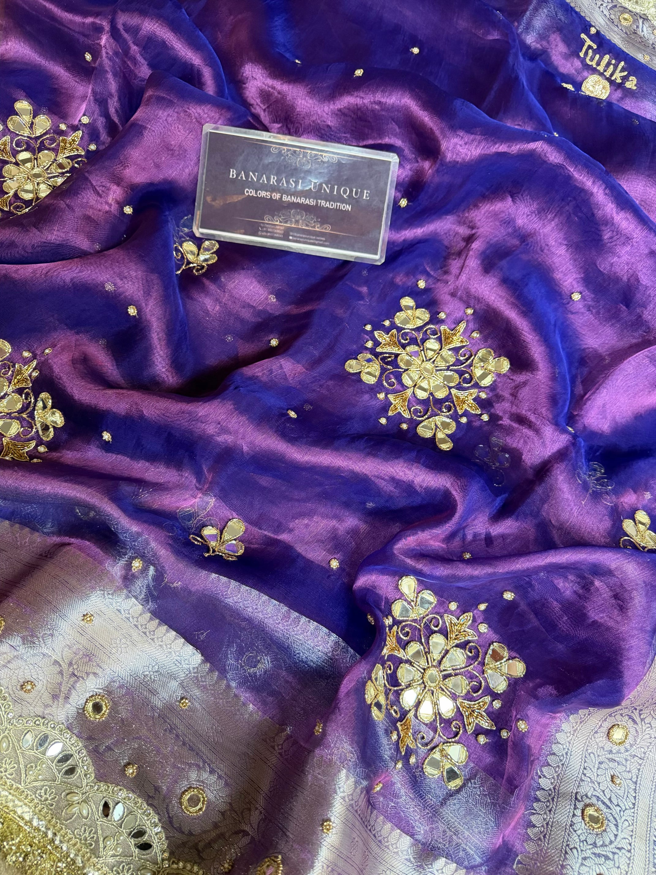 PURE TISSUE SILK FLORAL MIRROR BUTA SAREE - PURPLE