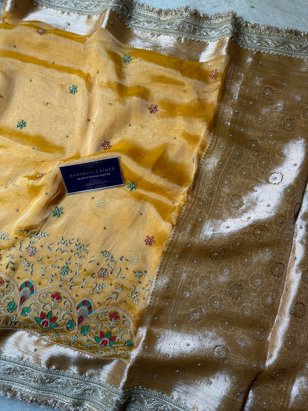 Mustard Pure Tissue Silk Meenakari Hand Embroidered Banarasi Festive Saree