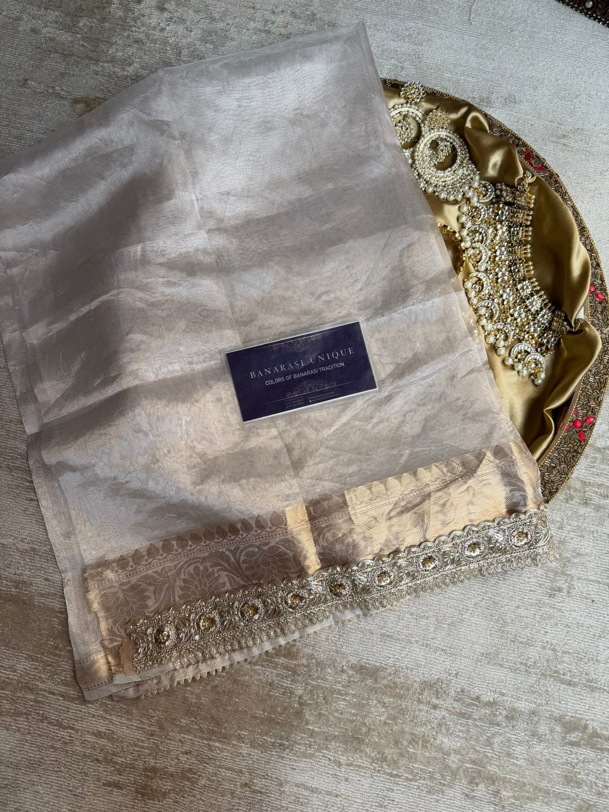 GUL-E-CHAAND | Ivory Pure Tissue Silk Saree | Hand Zardozi Kutdana Work