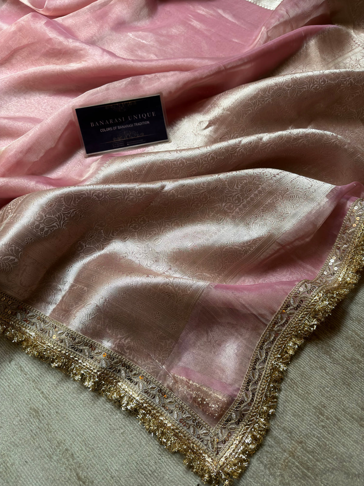 Blush Pink Pure Tissue Silk Saree with Zari Border – Janhvi Kapoor Inspired