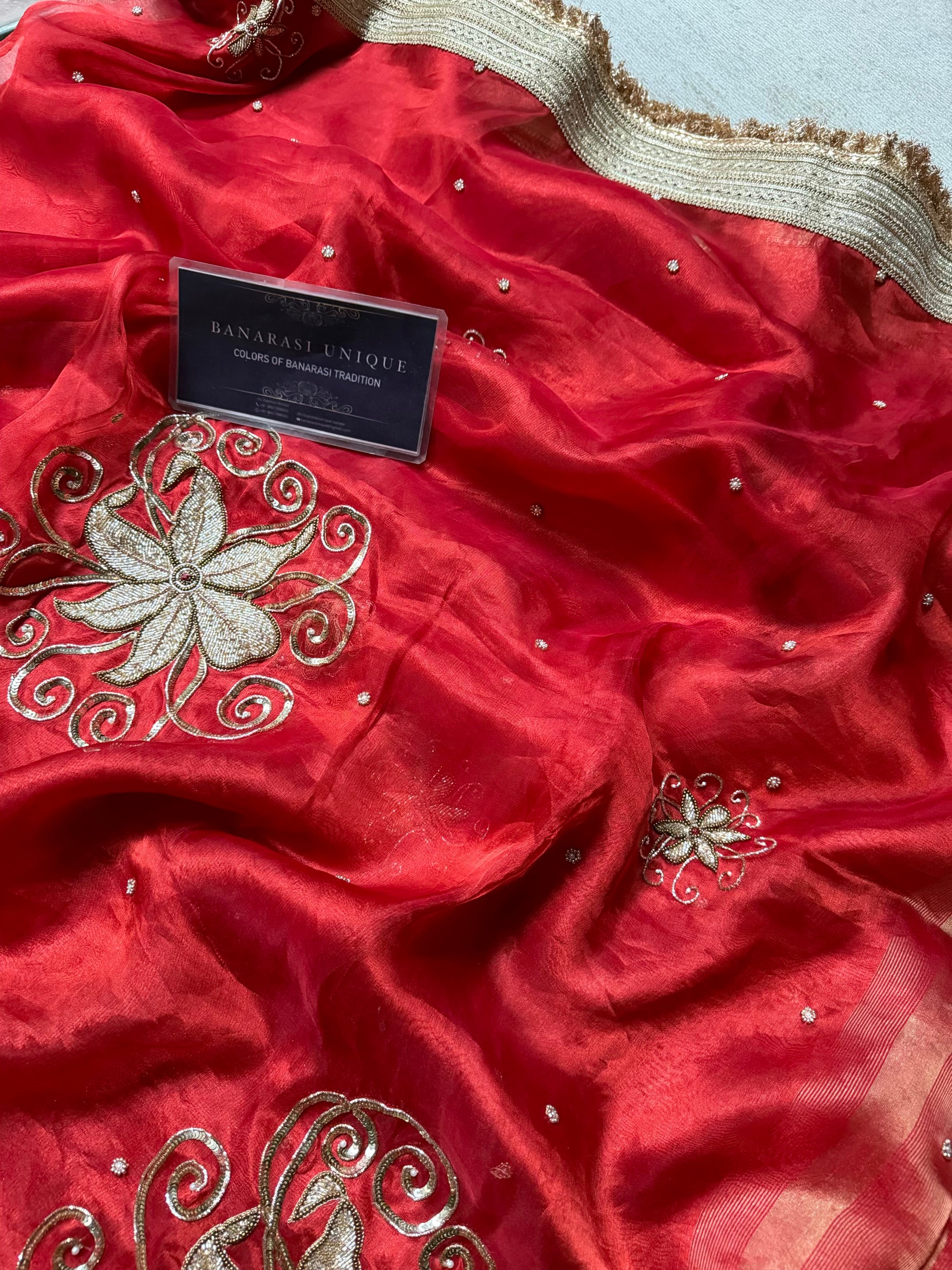 Teej Special Pure Tissue Silk Banarasi Saree – Red Hand Embroidered Luxury Saree