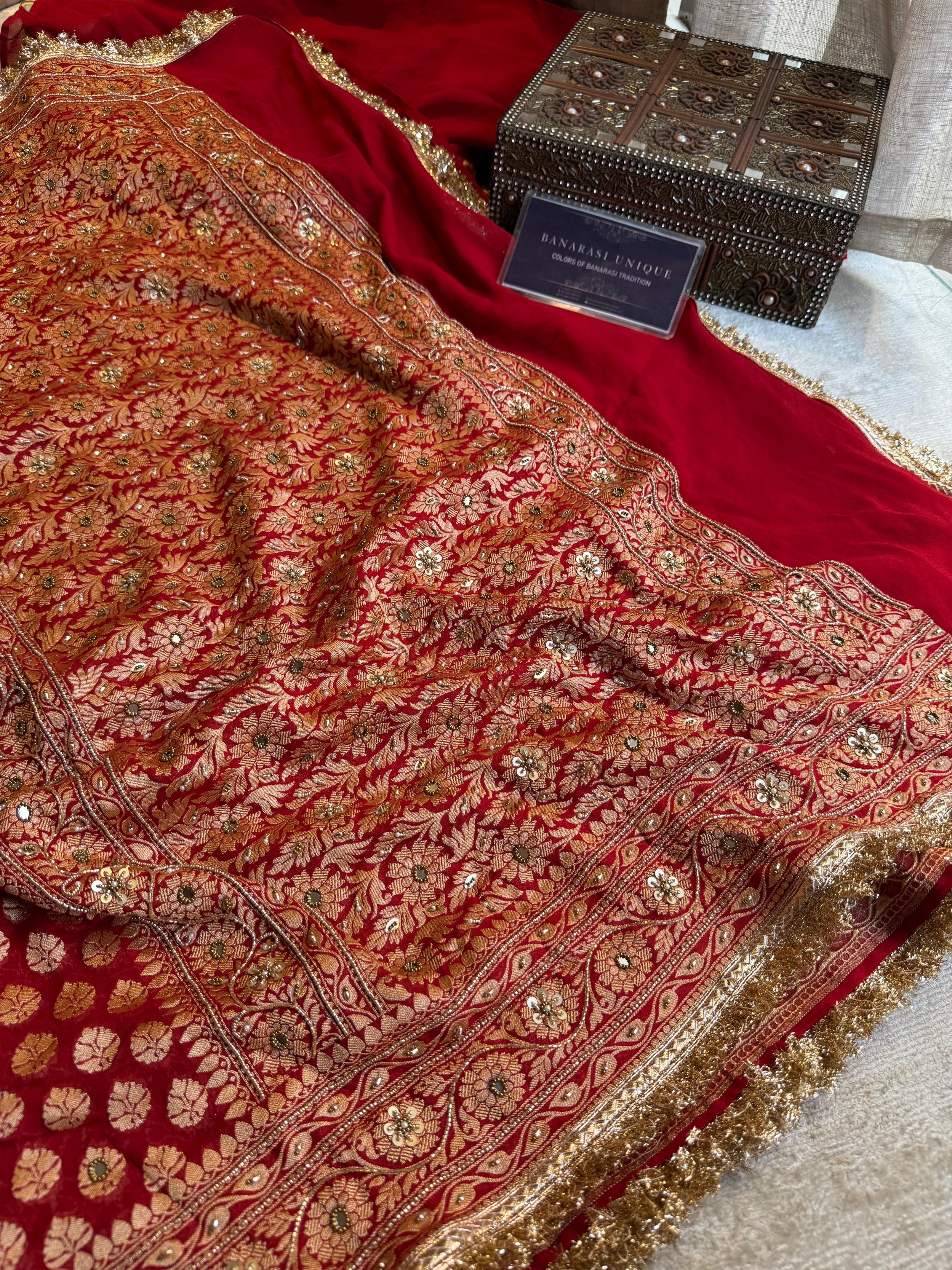 Red Banarasi Khaddi Georgette Saree with Dabka Kutdana Hand Embroidery & Gold Zari | Pure Handwoven Luxury Saree