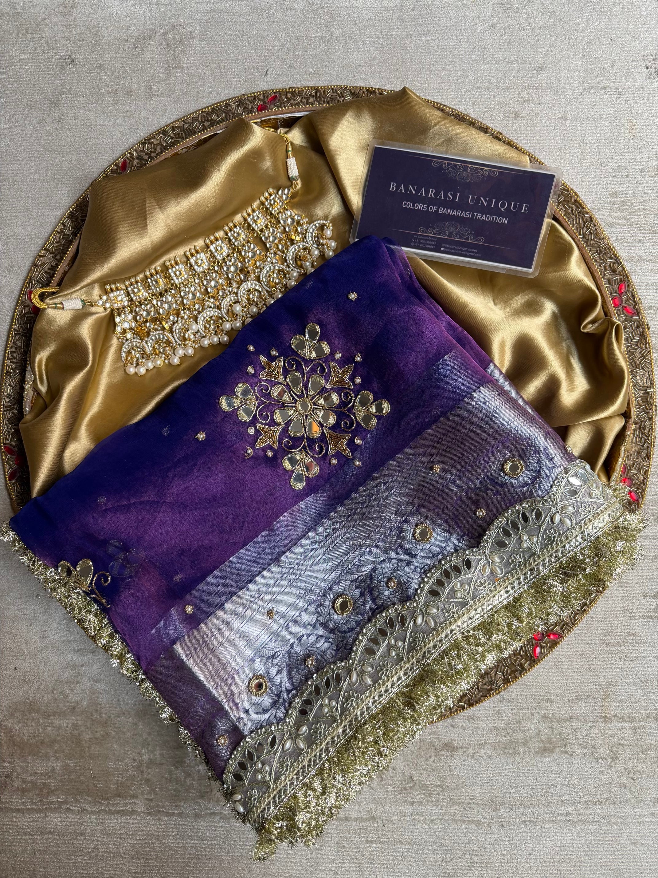 PURE TISSUE SILK FLORAL MIRROR BUTA SAREE - PURPLE