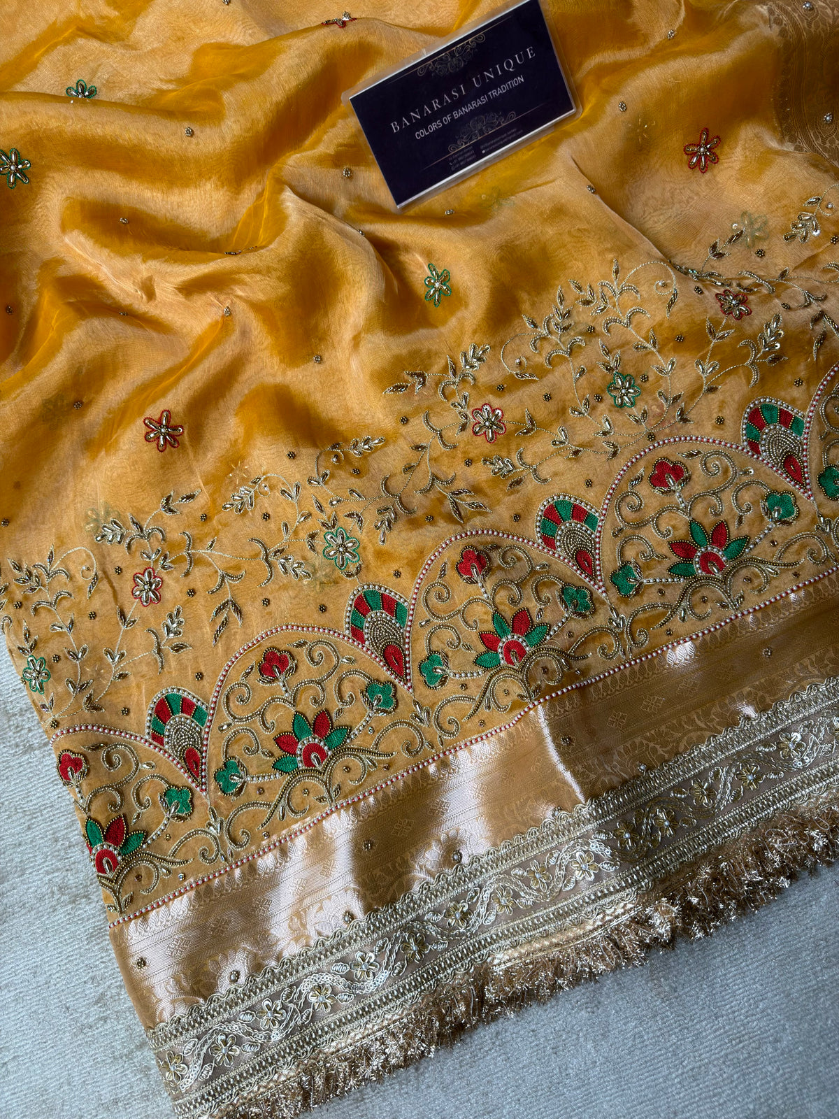 Mustard Pure Tissue Silk Meenakari Hand Embroidered Banarasi Festive Saree