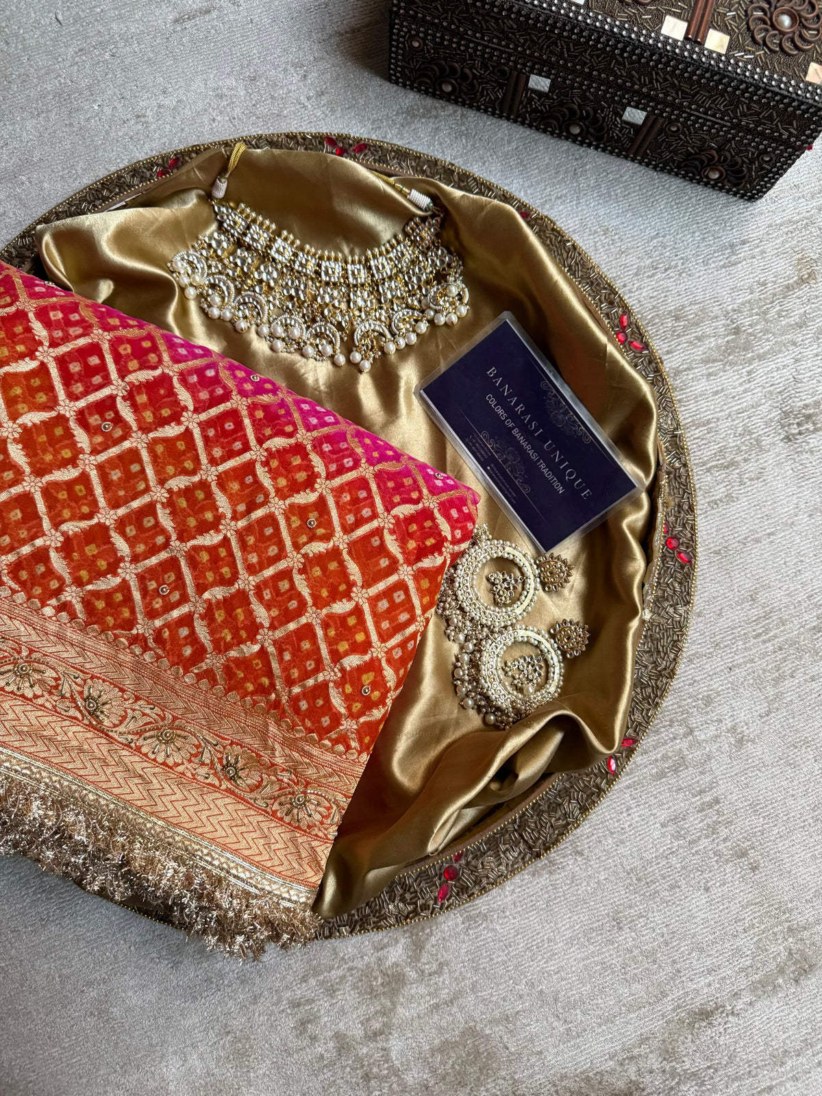 Pure Banarasi Khaddi Georgette Handmade Rai Dana Bandhej Saree in Dual Shade Orange & Pink with Zardozi Hand Embroidery