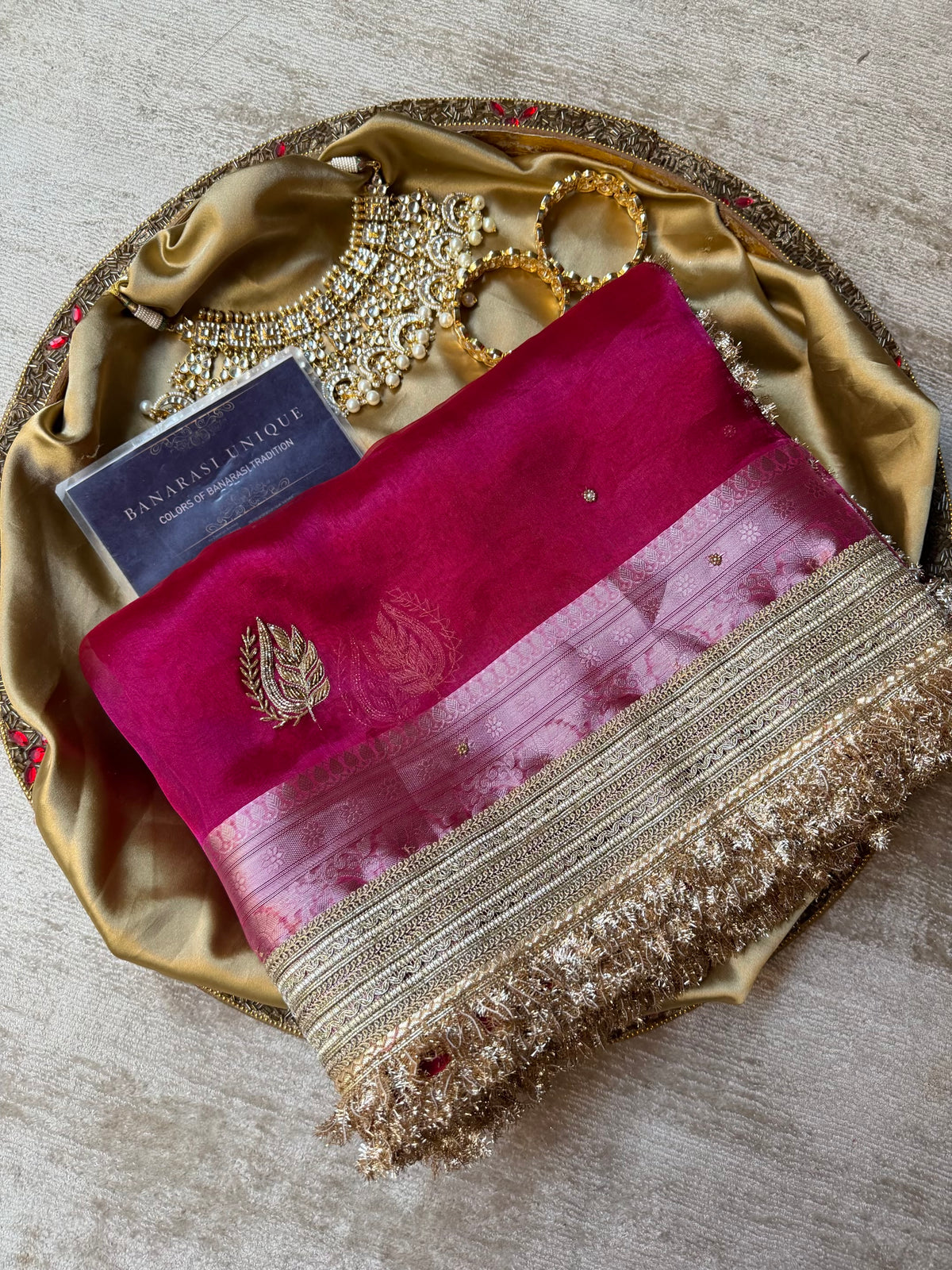 Rani Pink Pure Tissue Silk Banarasi Saree with Zardozi & Nalki Handwork