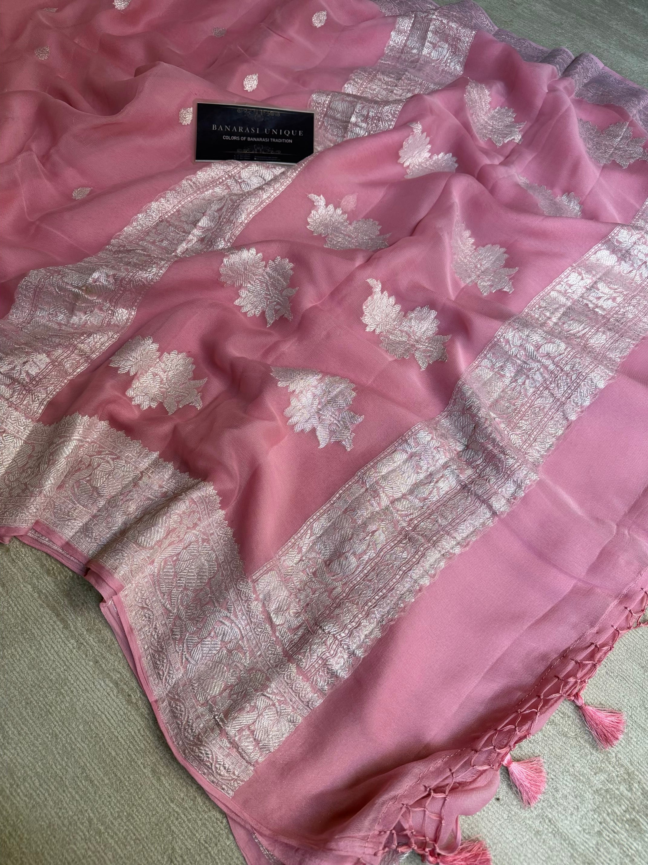 DUSTY PINK  KHADDI CHIFFON SILVER ZARI HANDWOVEN BANARASI SAREE