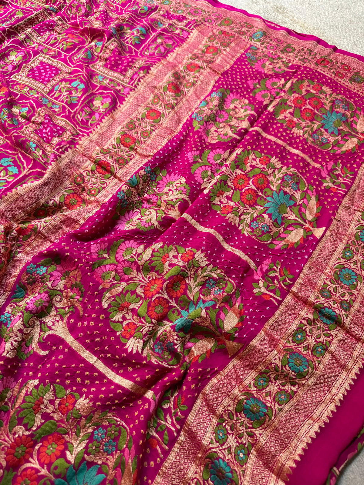 Rani Pink Pure Khaddi Georgette Banarasi Bandhej Saree | Meenakari Meharab Design | Handwoven Luxury Silk Saree