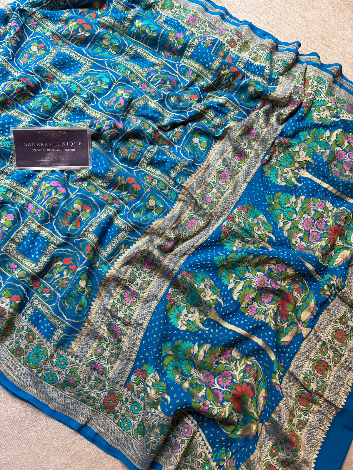 Rama Pure Khaddi Georgette Banarasi Bandhej Saree | Meenakari Meharab Design | Handwoven Luxury Silk Saree