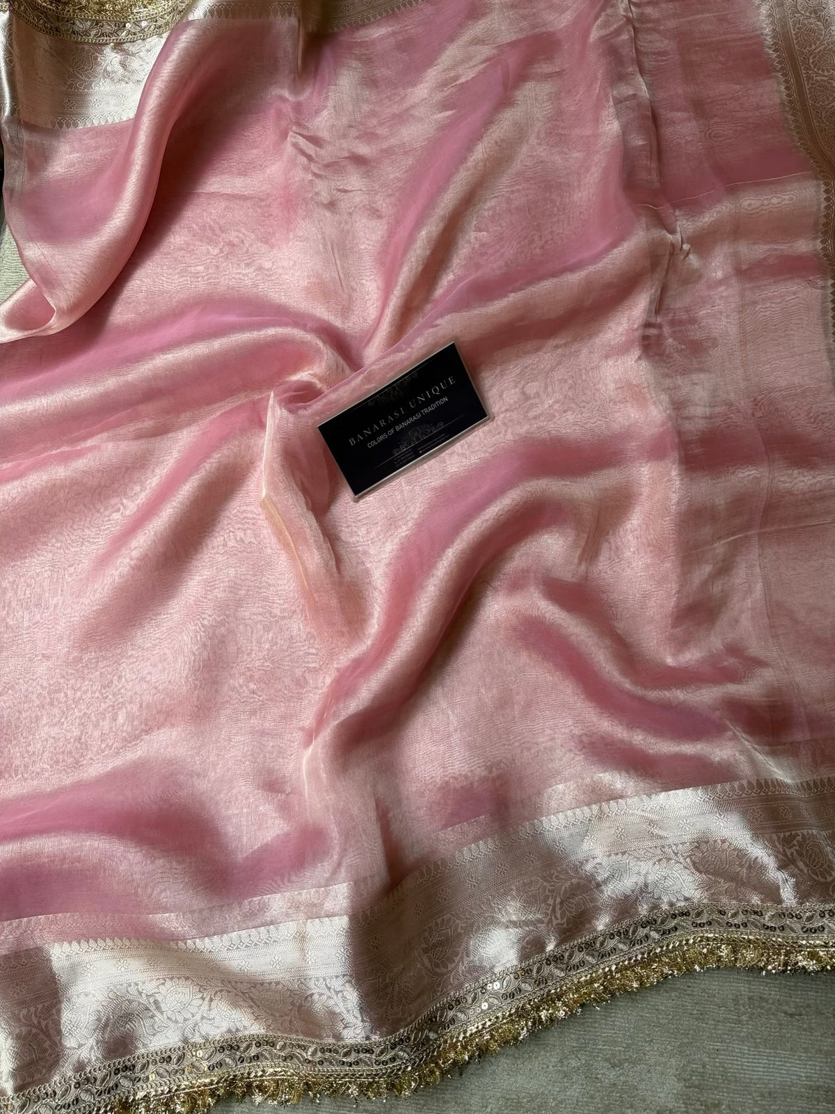 Blush Pink Pure Tissue Silk Saree with Zari Border – Janhvi Kapoor Inspired