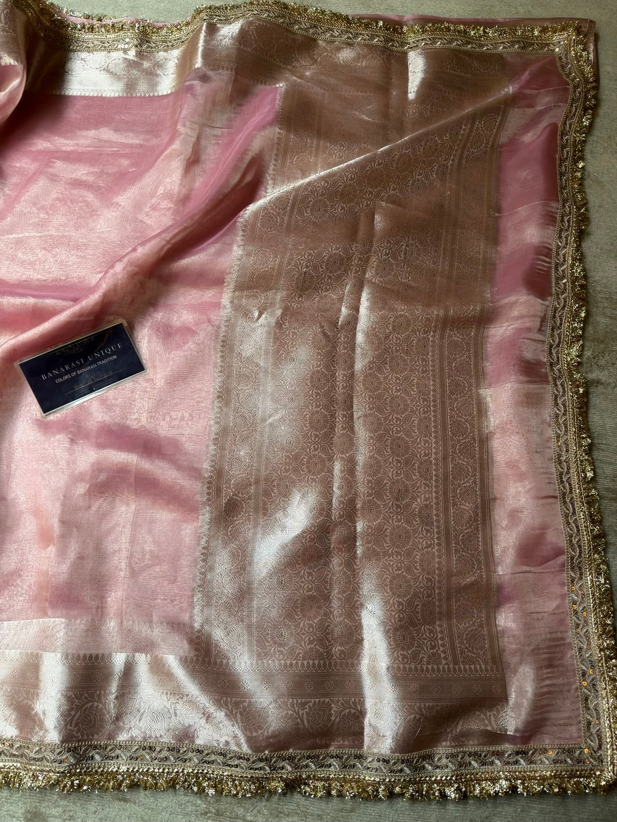 Blush Pink Pure Tissue Silk Saree with Zari Border – Janhvi Kapoor Inspired