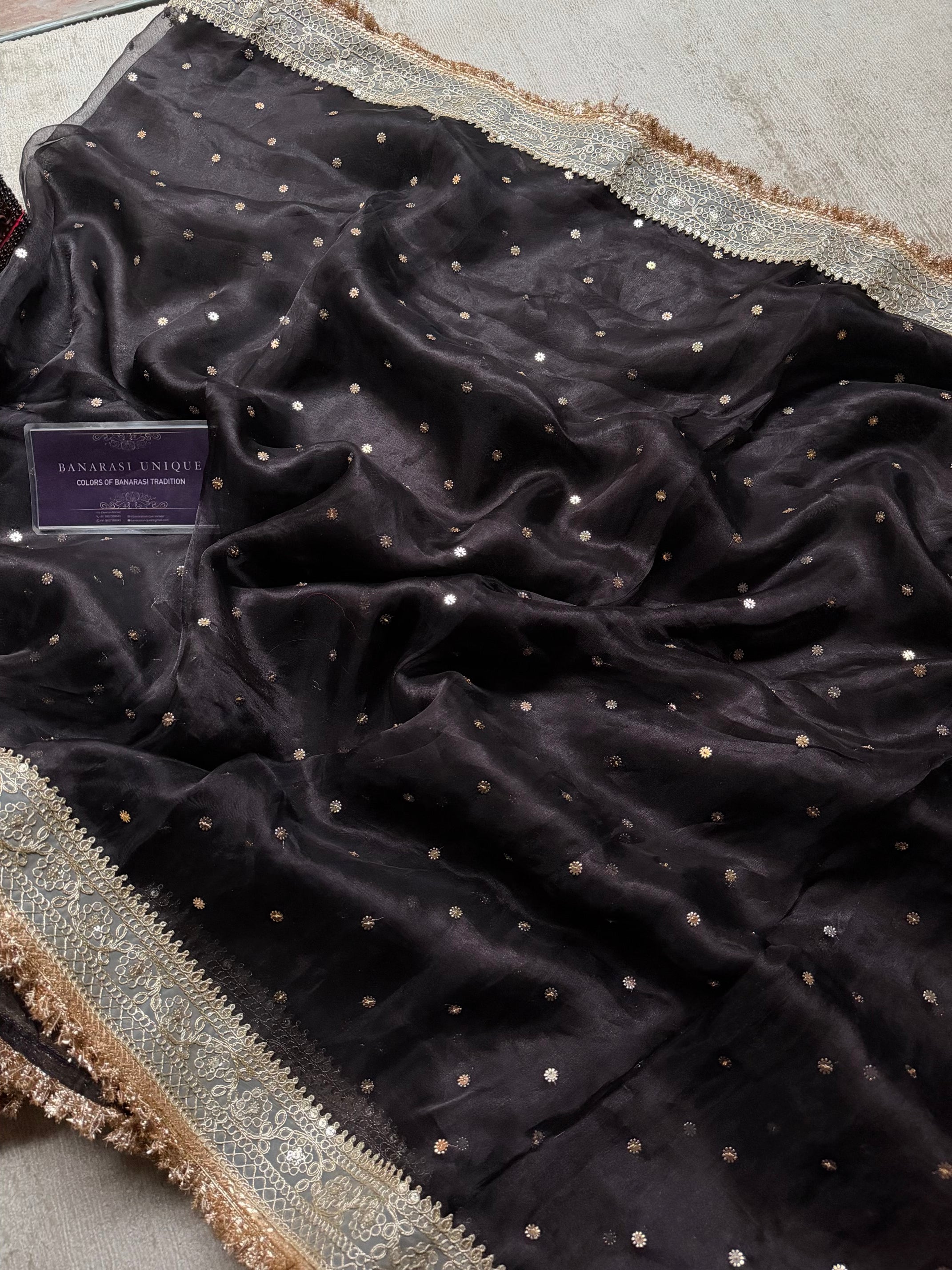 Black Banarasi Pure Tissue Silk Saree | Gotta Patti Embroidered Golden Booti Work | Luxury Wedding & Festive Wear