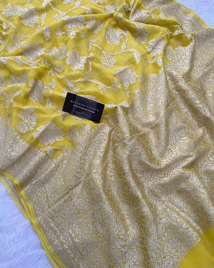 KHADDI GEORGETTE BIG FLORAL JAAL WATER ZARI SAREE - YELLOW