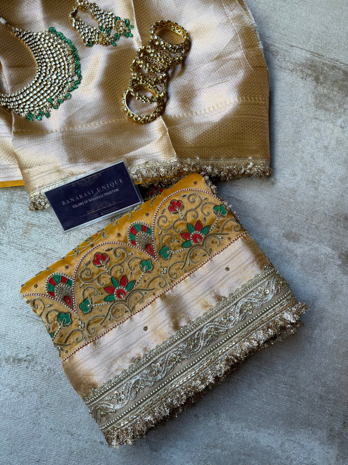 Mustard Pure Tissue Silk Meenakari Hand Embroidered Banarasi Festive Saree