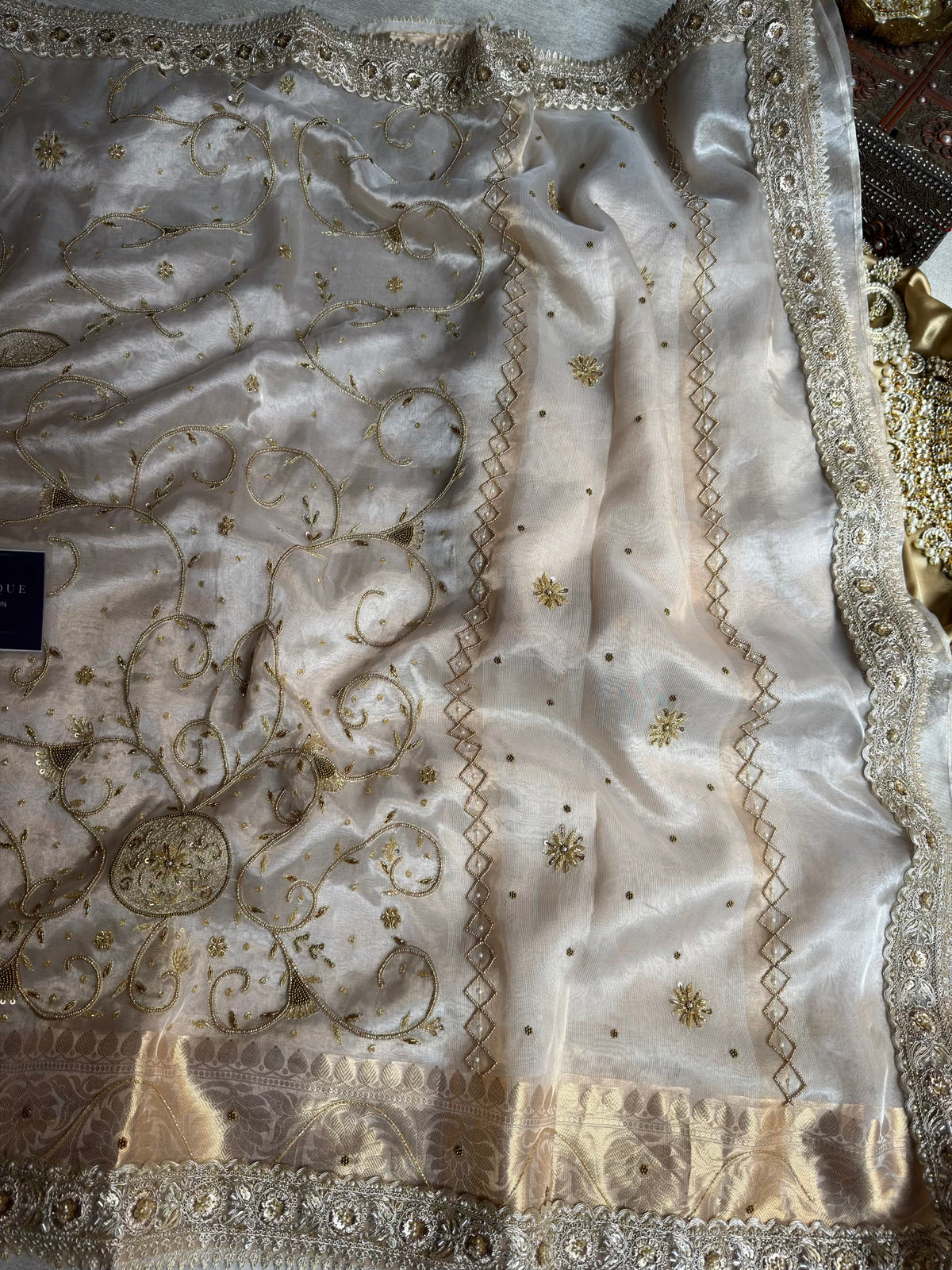 GUL-E-CHAAND | Ivory Pure Tissue Silk Saree | Hand Zardozi Kutdana Work
