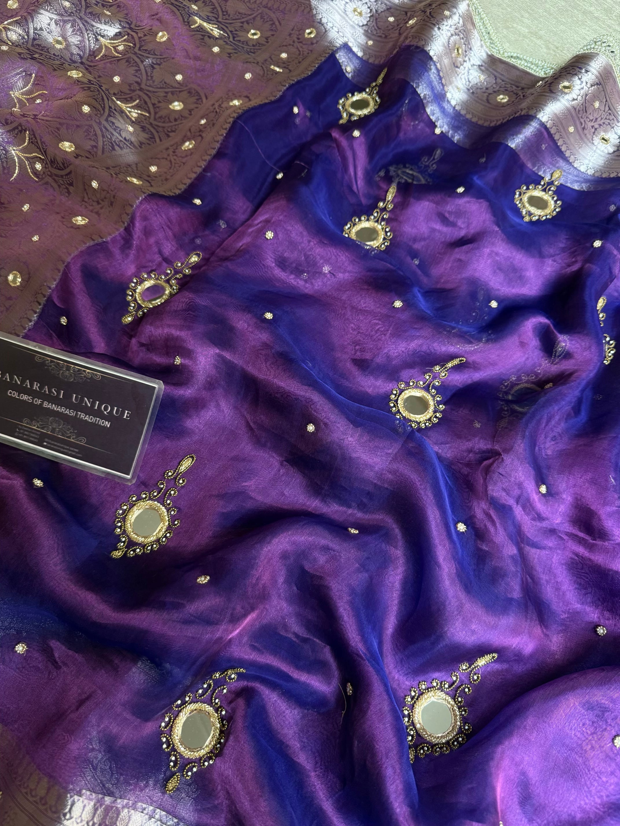 Aaina-e-Noor – Pure Tissue Silk Saree | Vintage Mirror Work | Luxury Handcrafted Banarasi Saree Purple