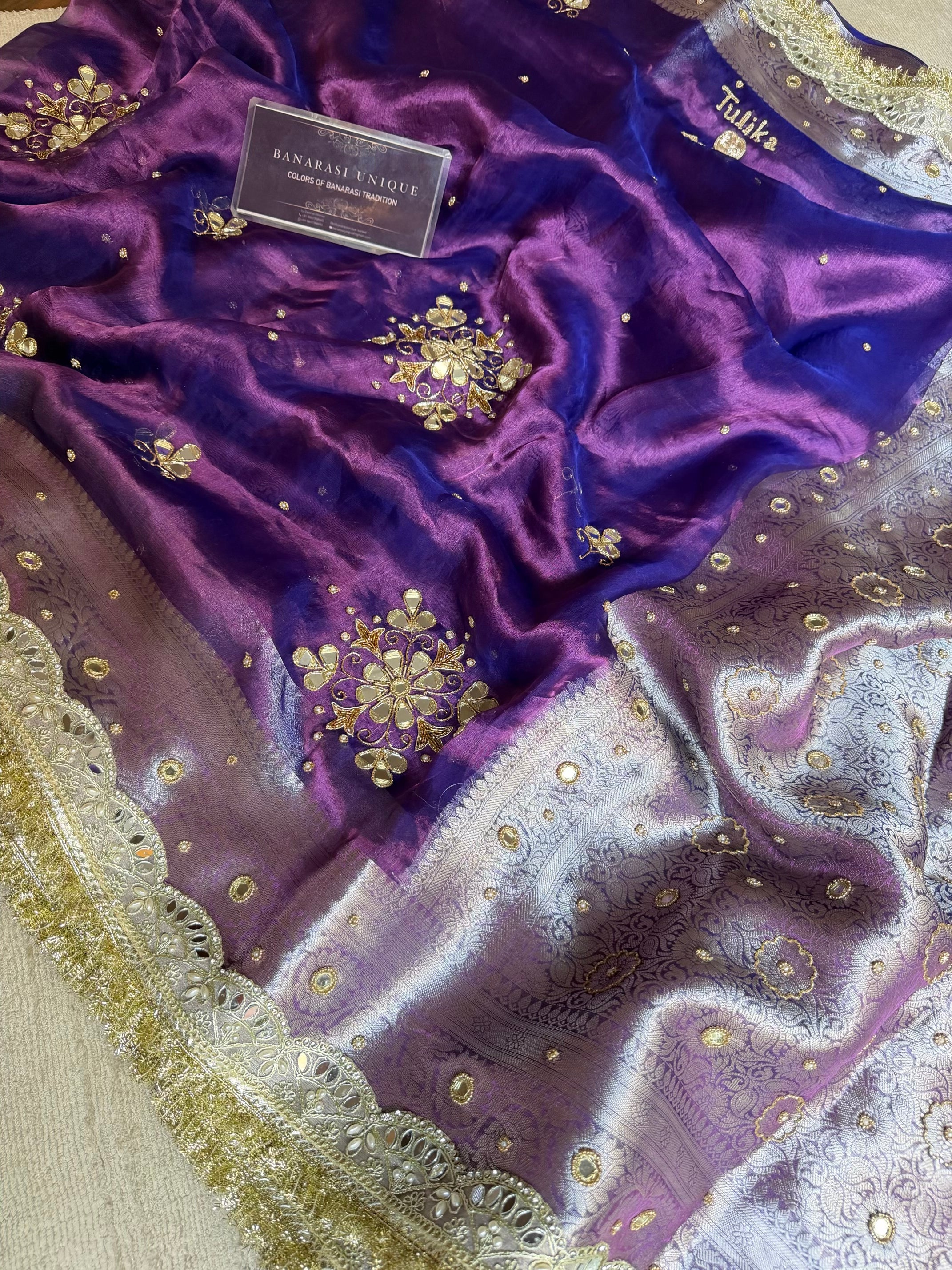 PURE TISSUE SILK FLORAL MIRROR BUTA SAREE - PURPLE