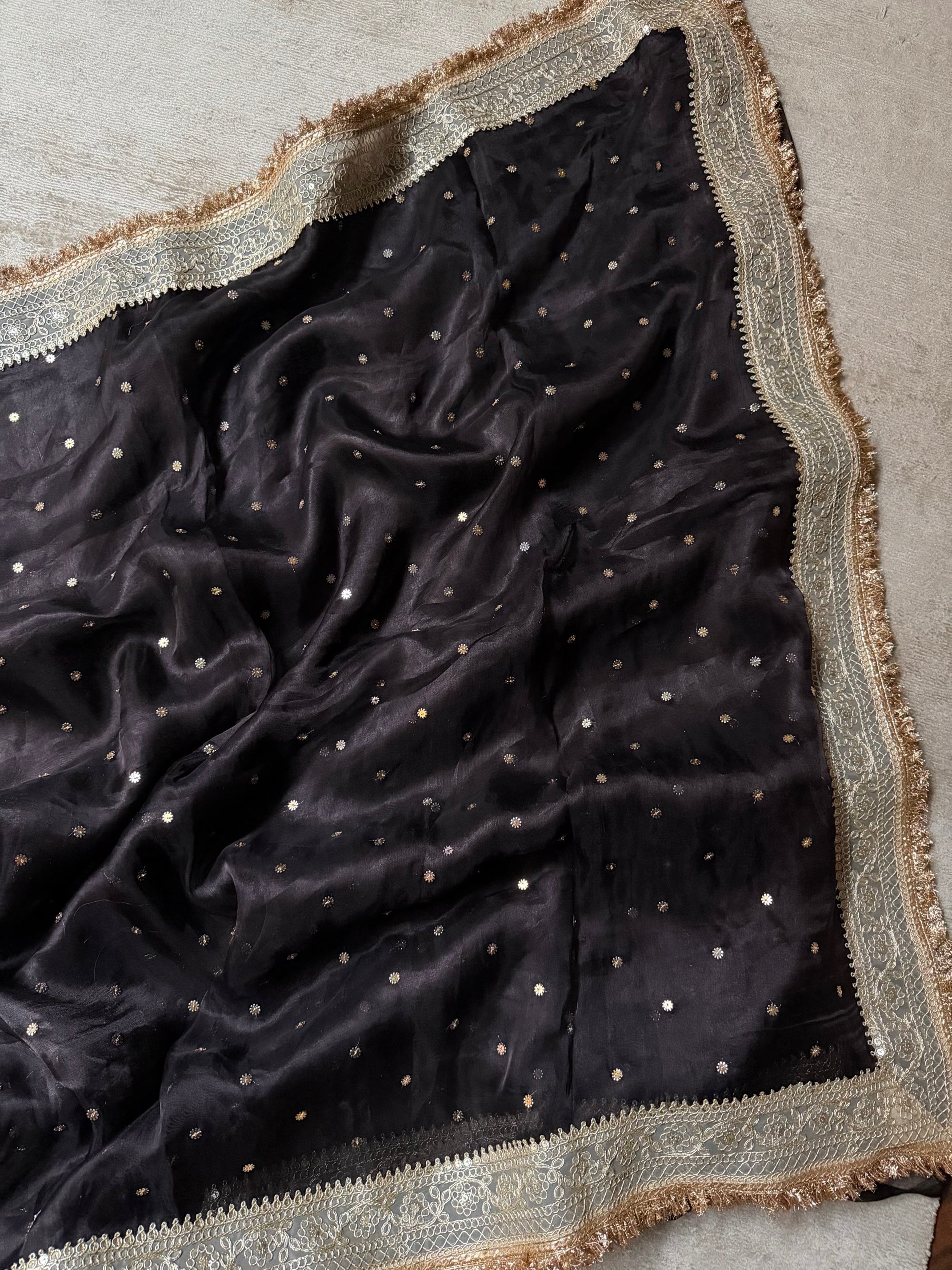 Black Banarasi Pure Tissue Silk Saree | Gotta Patti Embroidered Golden Booti Work | Luxury Wedding & Festive Wear