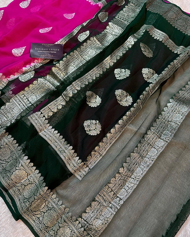KHADDI CHIFFON DOUBLE BORDER SAREE - BOTTLE GREEN WITH RANI