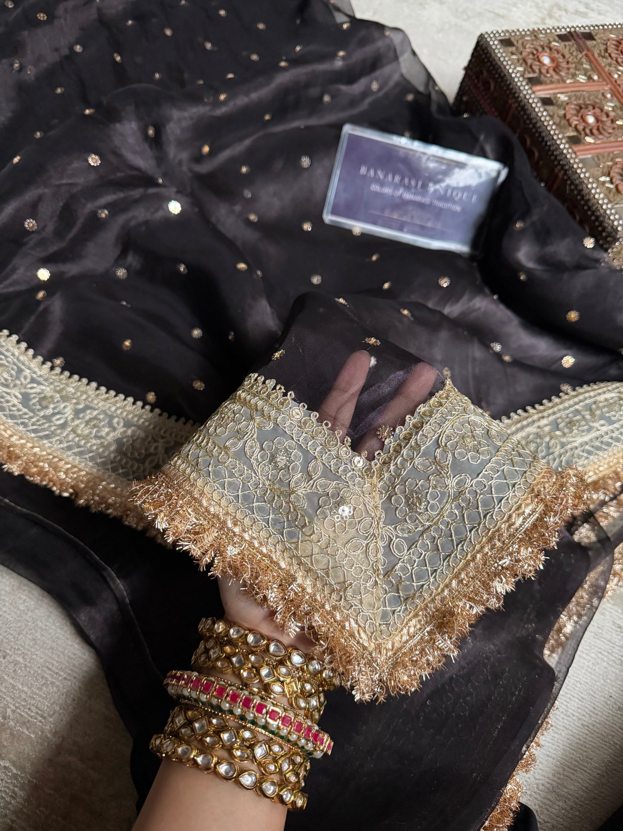 Black Banarasi Pure Tissue Silk Saree | Gotta Patti Embroidered Golden Booti Work | Luxury Wedding & Festive Wear