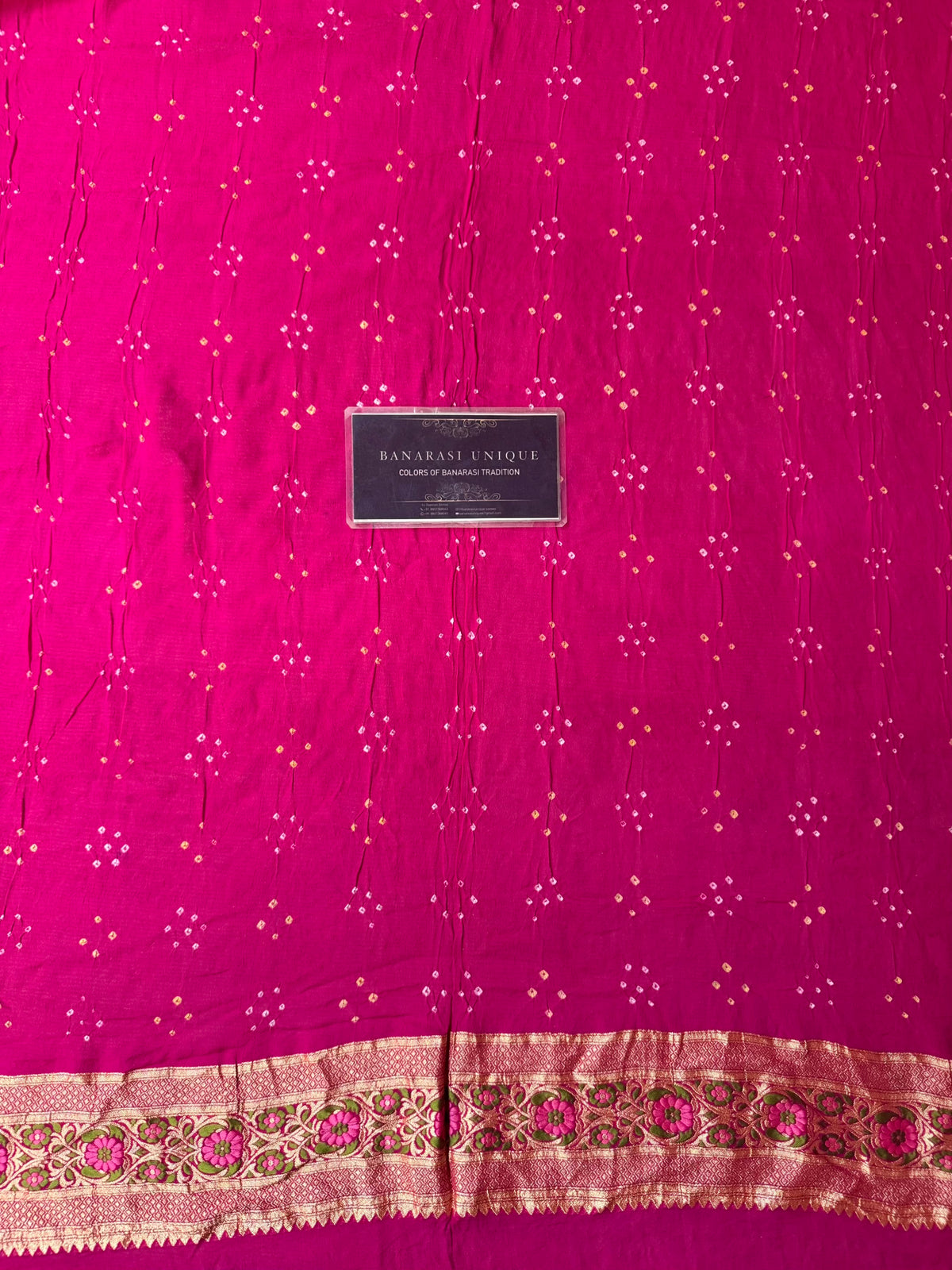 Rani Pink Pure Khaddi Georgette Banarasi Bandhej Saree | Meenakari Meharab Design | Handwoven Luxury Silk Saree