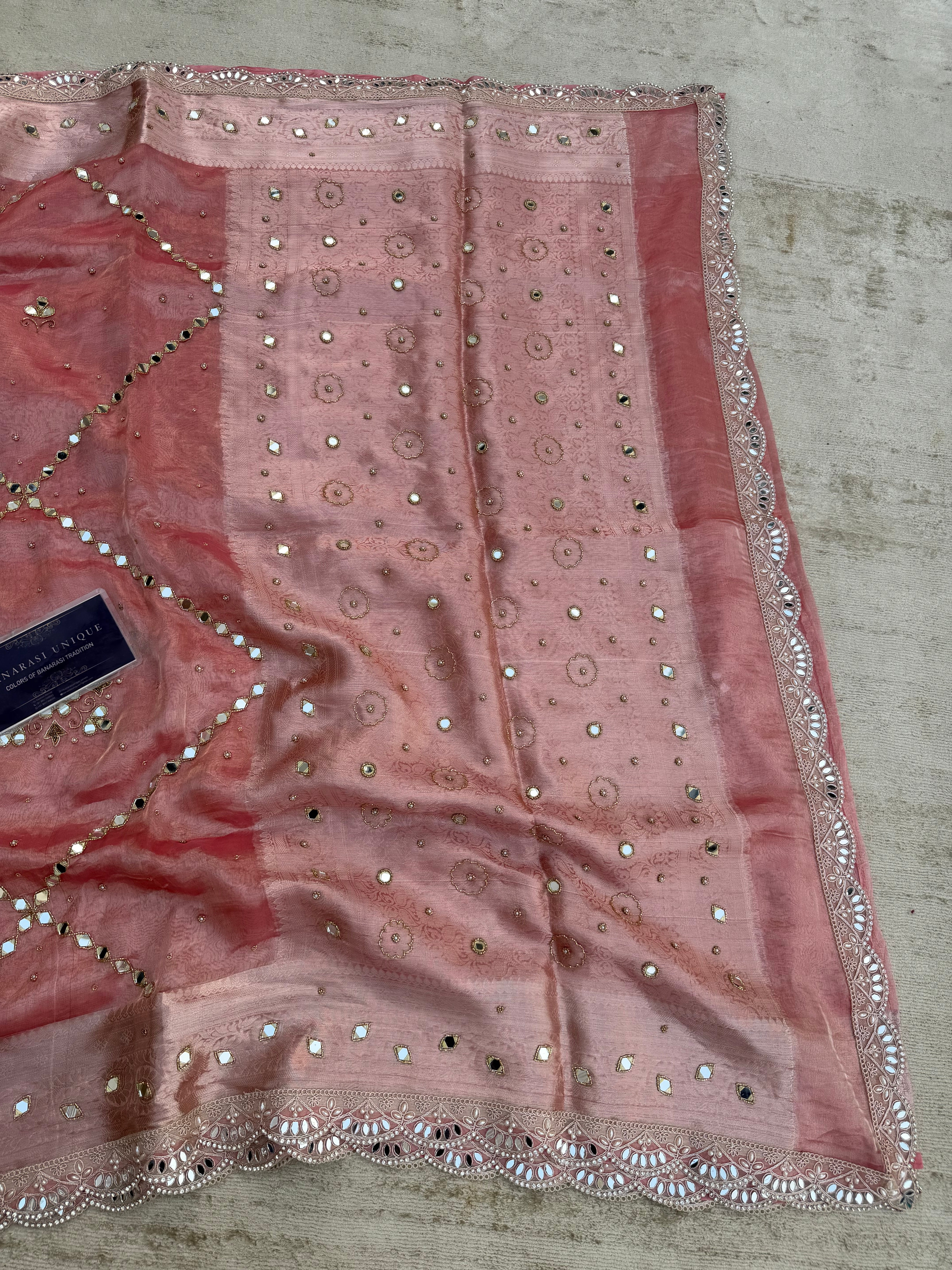 PURE TISSUE SILK MIRROR FLORAL BUTA AND JAAL SAREE - BABY PINK