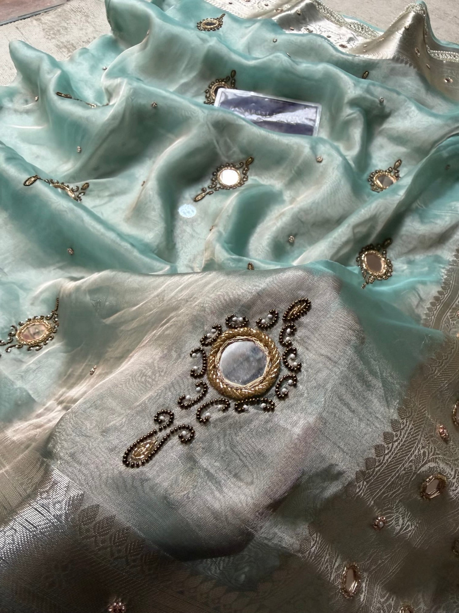 Aaina-e-Noor – Pure Tissue Silk Saree | Vintage Mirror Work | Luxury Handcrafted Banarasi Saree AQUA BLUE